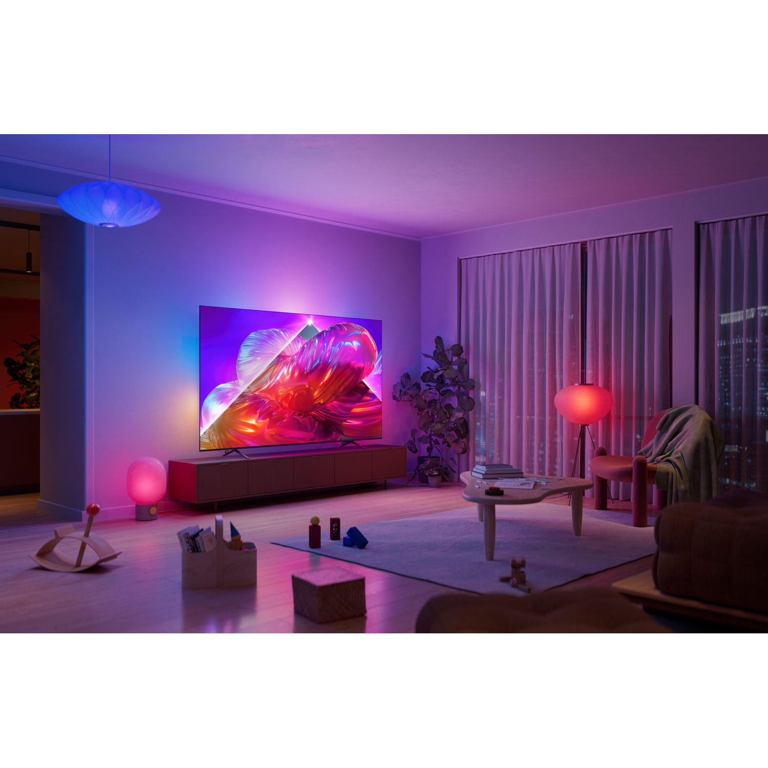 Een moderne woonkamer met tv, meubels en speelgoed, verlicht door paarse en roze lampen.