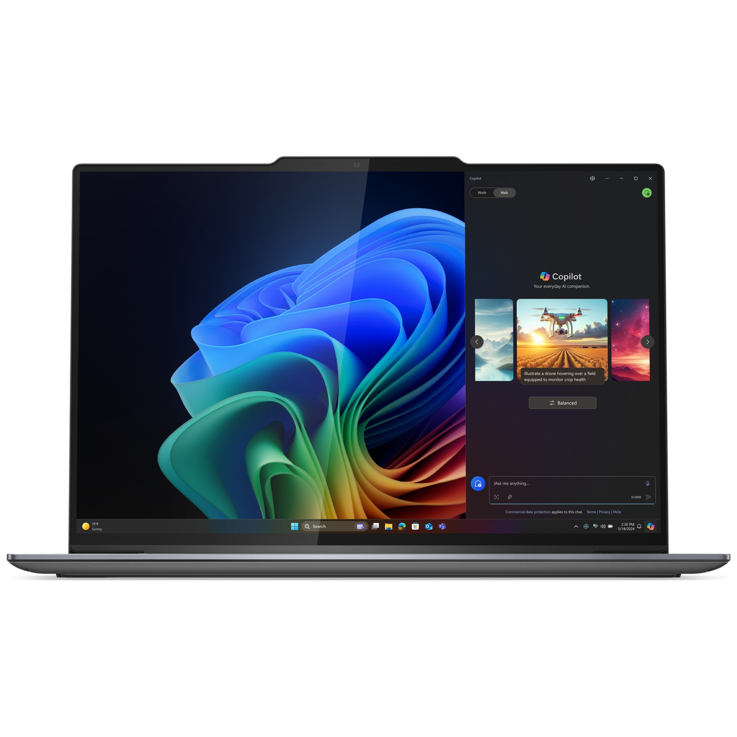 A laptop displays an abstract blue background and a Copilot AI chat window.