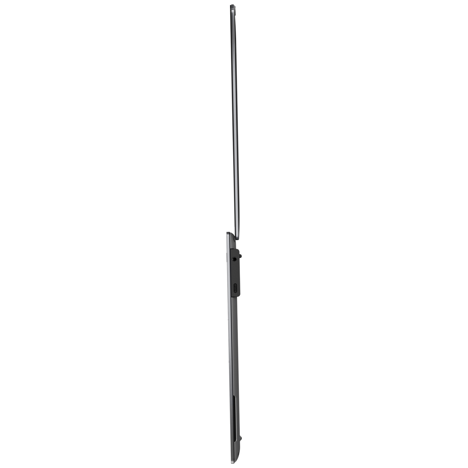 A standing, closed gray tablet with a black stripe.