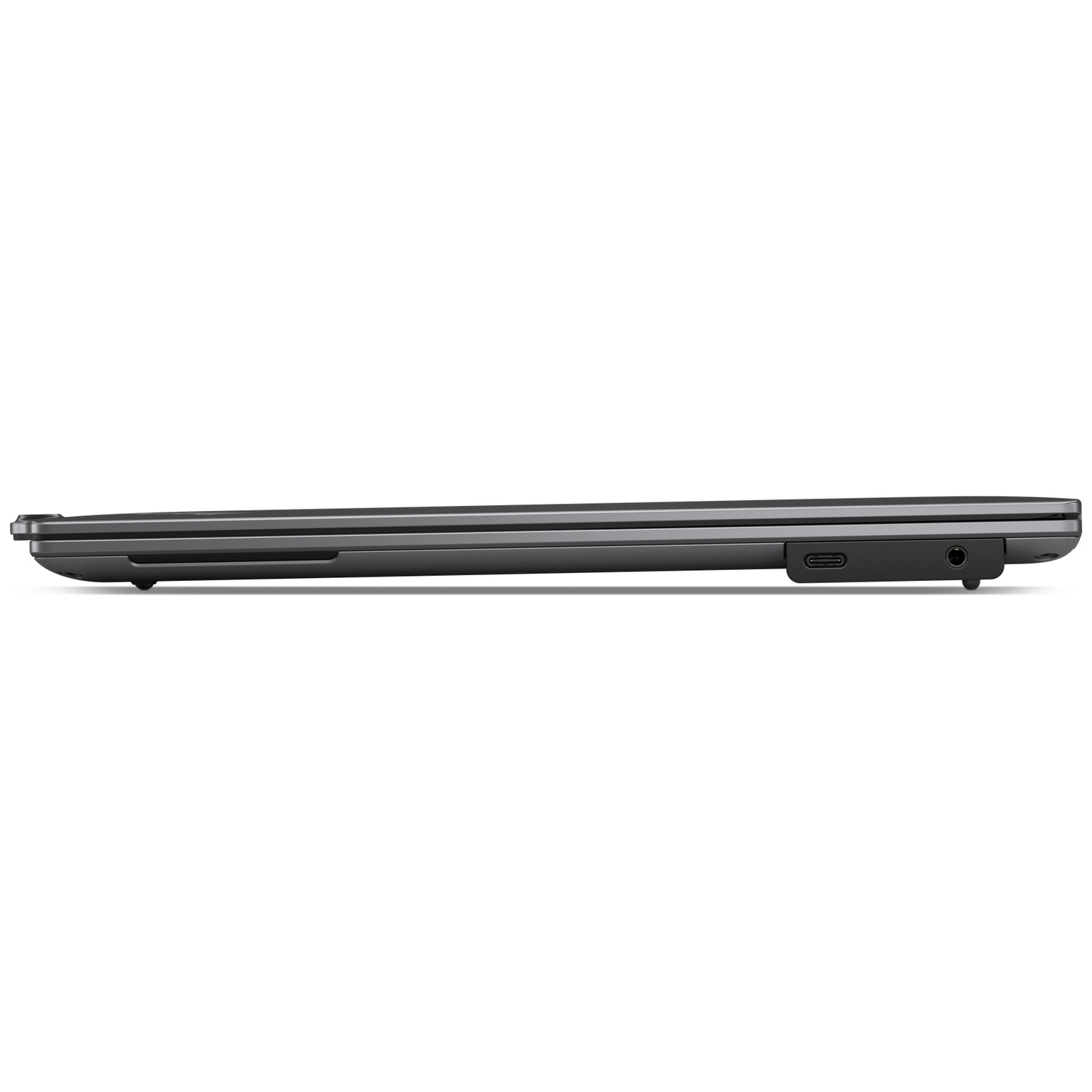 Side view of a closed gray laptop showing ports.