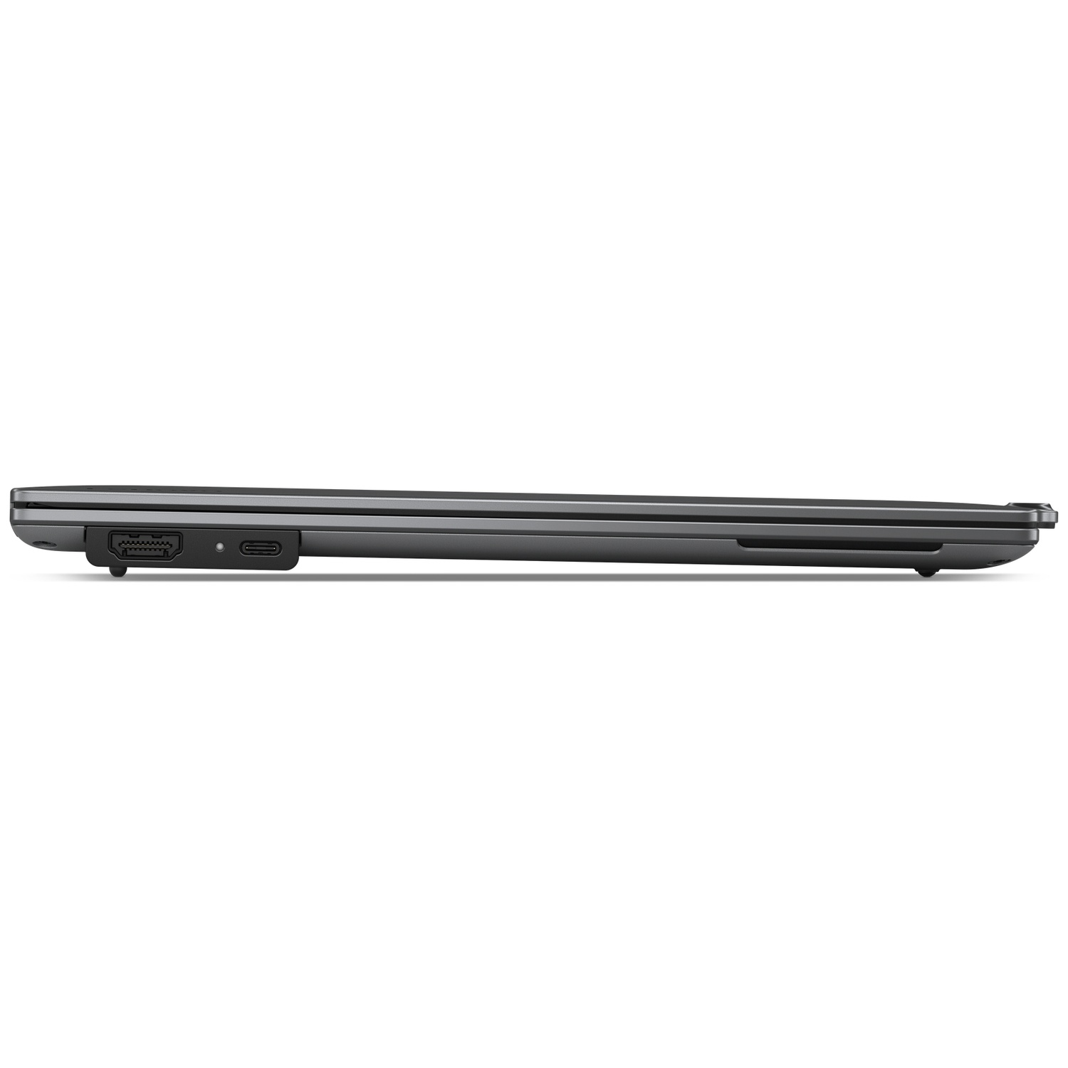 Side view of a closed gray laptop showing ports.