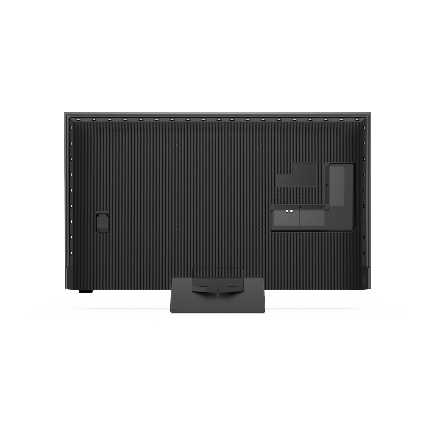 Back view of a black television on a stand, showing ports and textured surface.