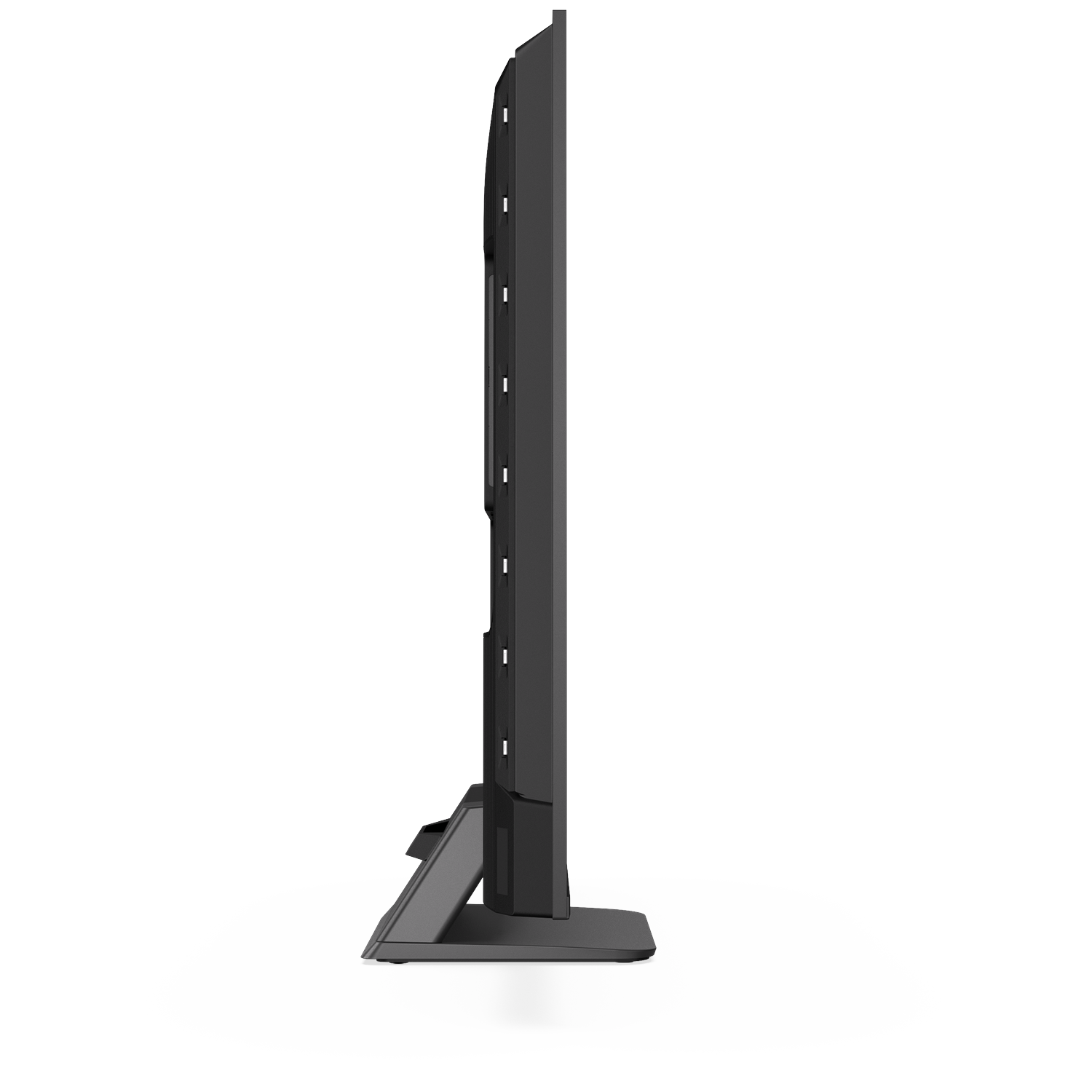A black television with a wide stand, viewed from the side.
