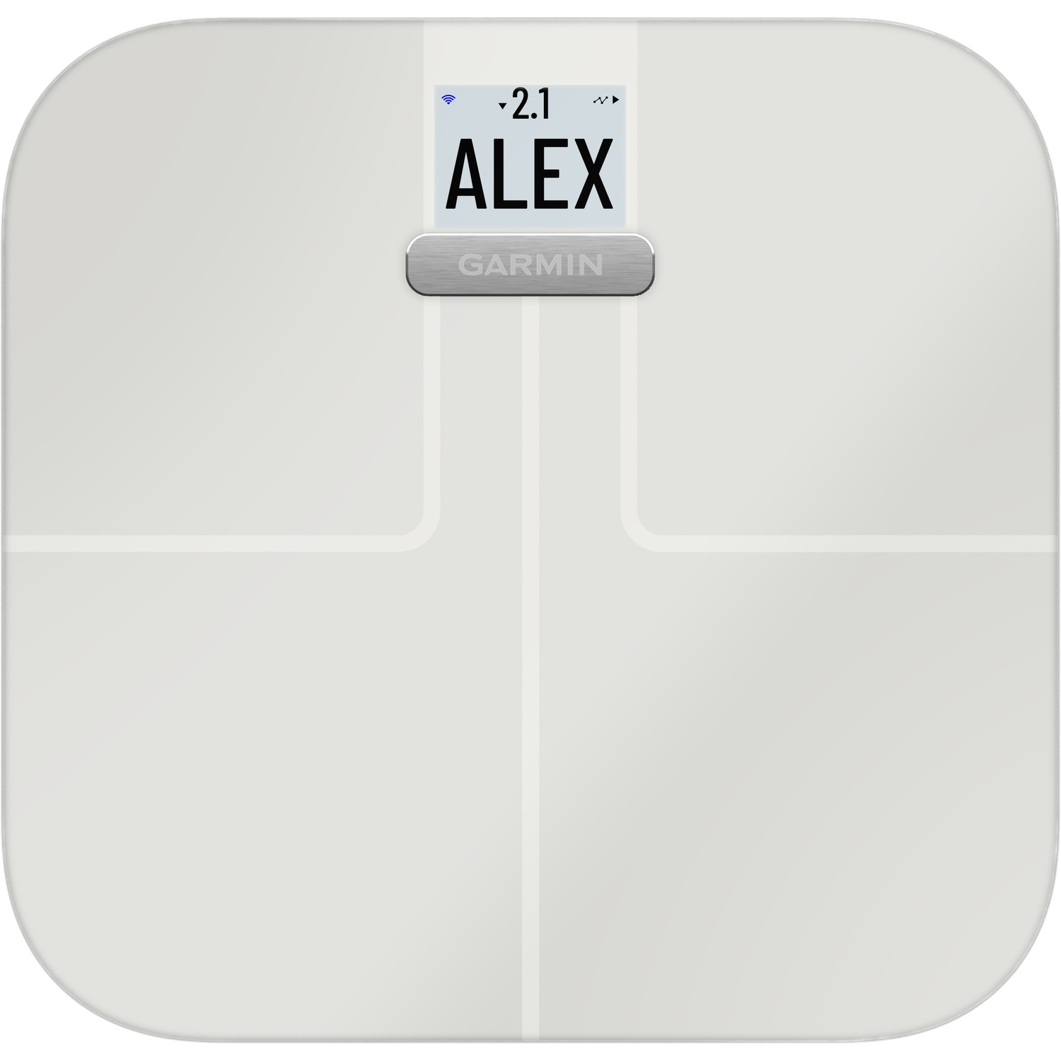White body scale with a display showing 'ALEX'.