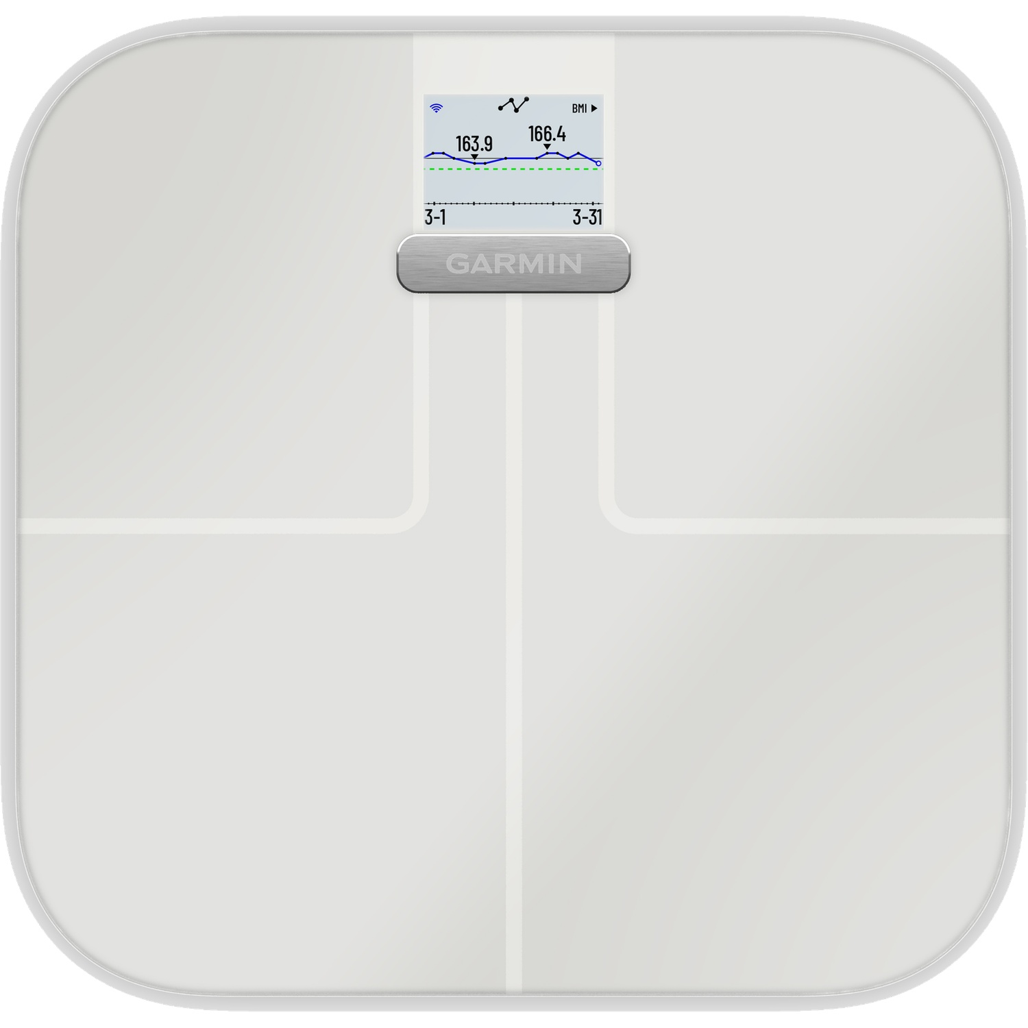 White smart scale with Garmin logo and a display showing a graph.