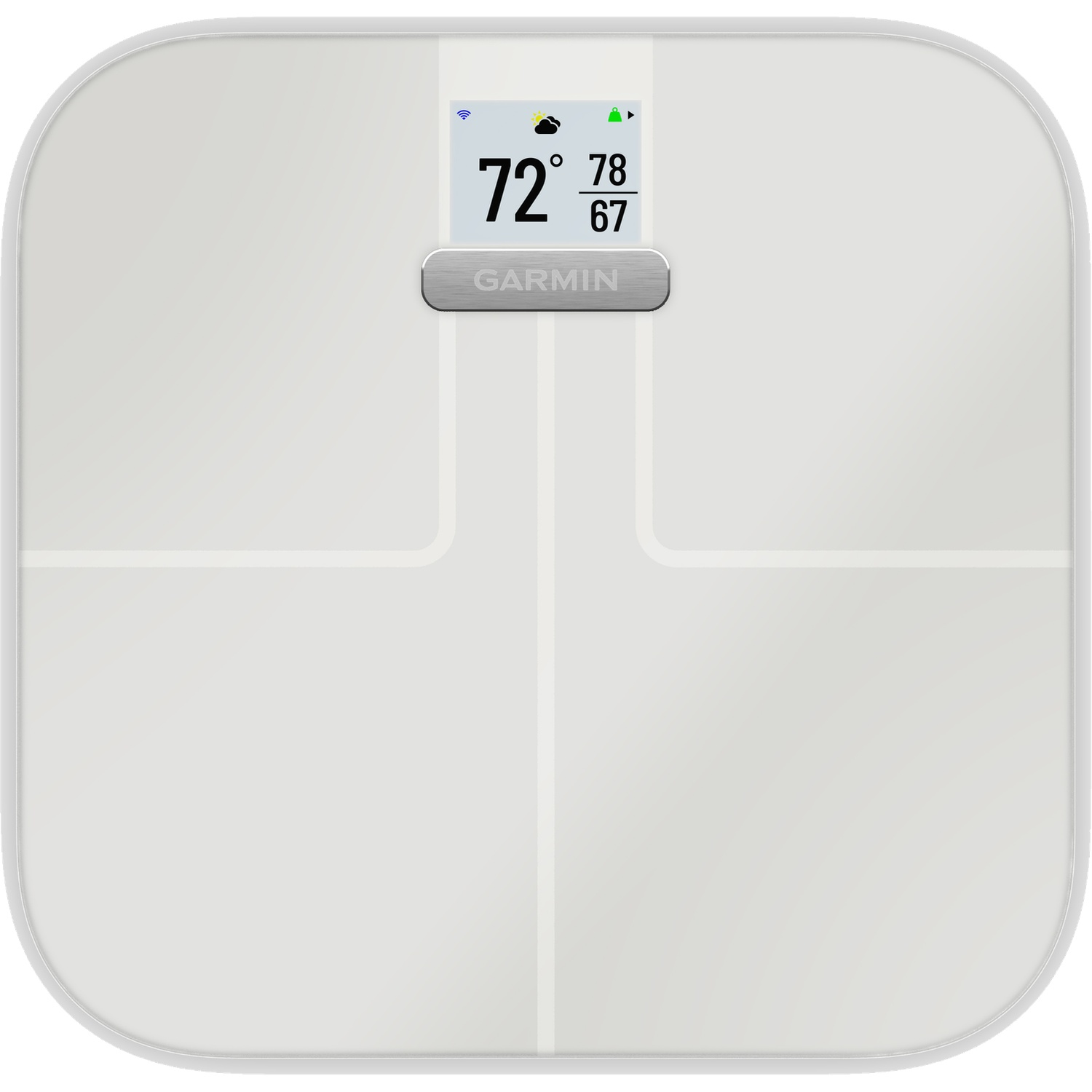 White smart scale with digital display showing temperature and weight.