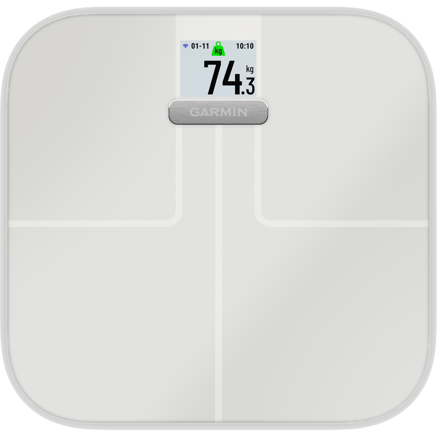 White scale with digital display showing 74.3 kg. Garmin logo.