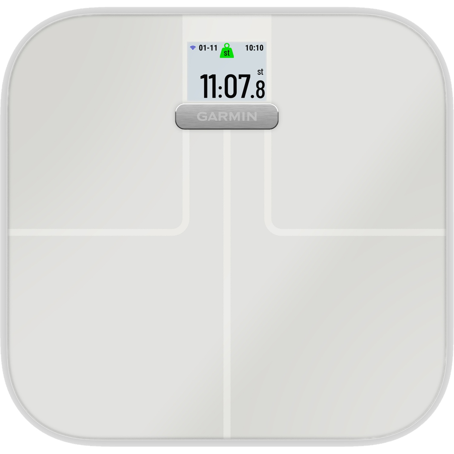 A white body scale with a digital display showing 11:07.8.