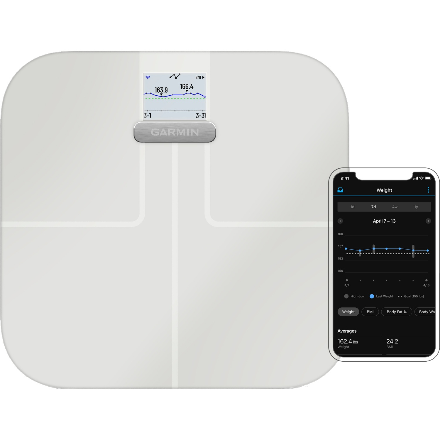 White scale with Garmin logo and smartphone displaying weight data.