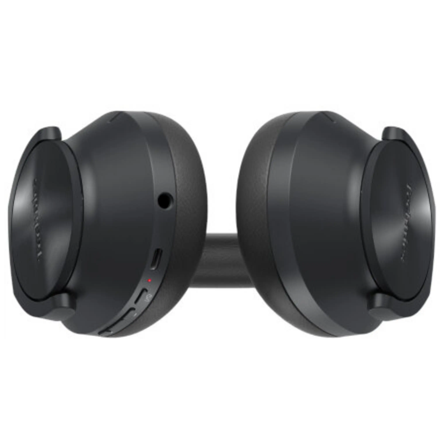 Zwarte over-ear koptelefoon met USB-C poort en een rood lampje.