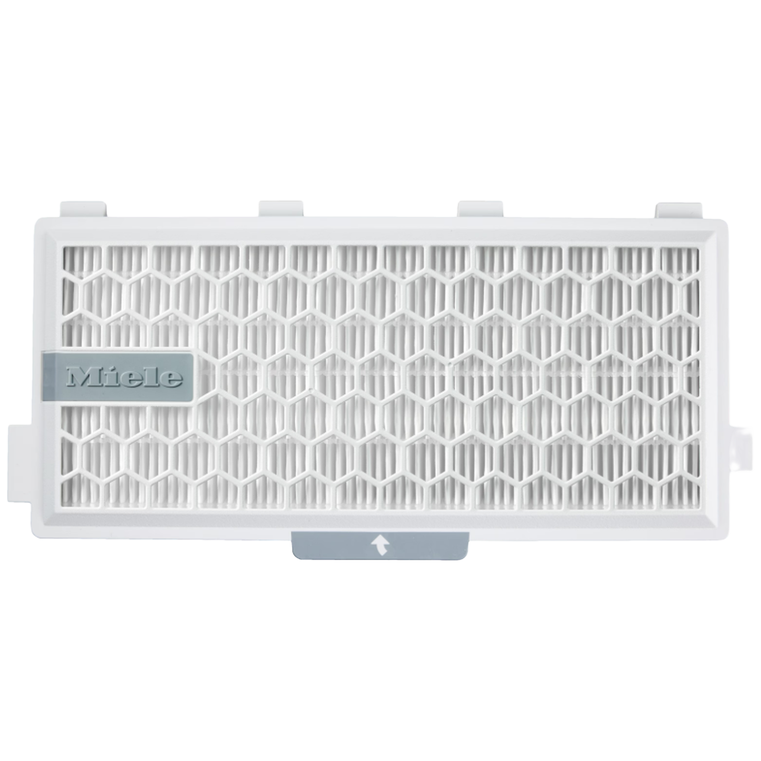 Een wit Miele filter met honingraatpatroon en pijlsymbool.