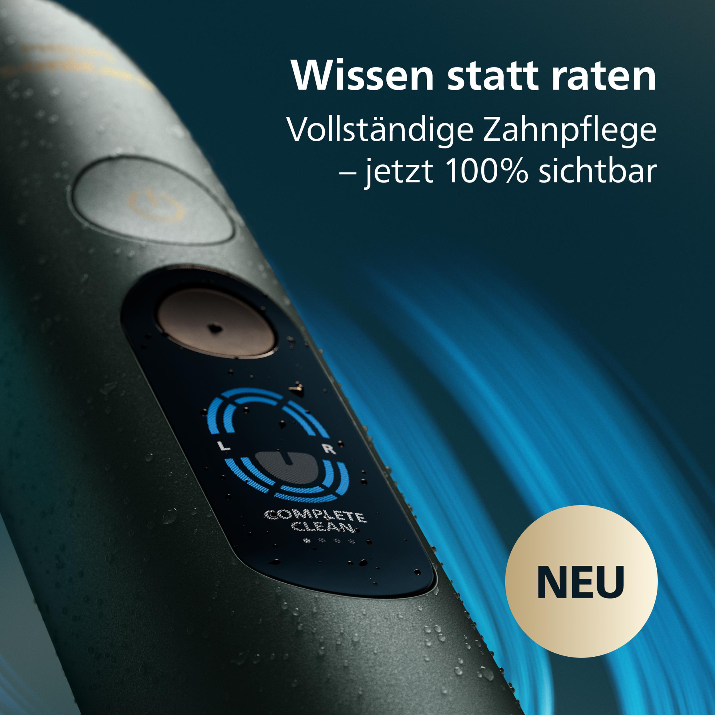 Ein dunkler elektrischer Zahnbürstenkopf mit blauen Lichtern und "NEU"-Aufkleber.