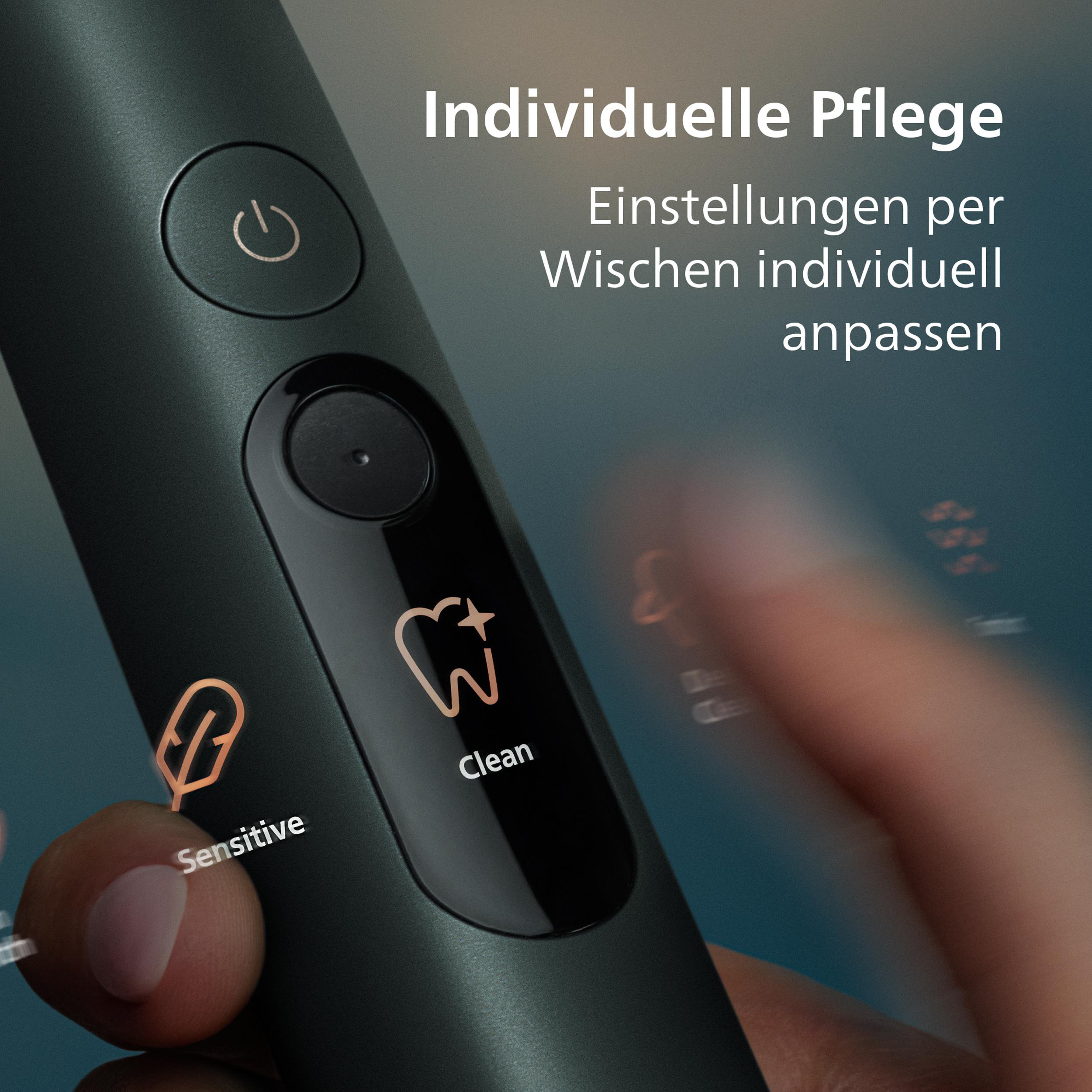 Dunkle Zahnbürste mit Power-Taste, Zahn-Symbol und Finger.