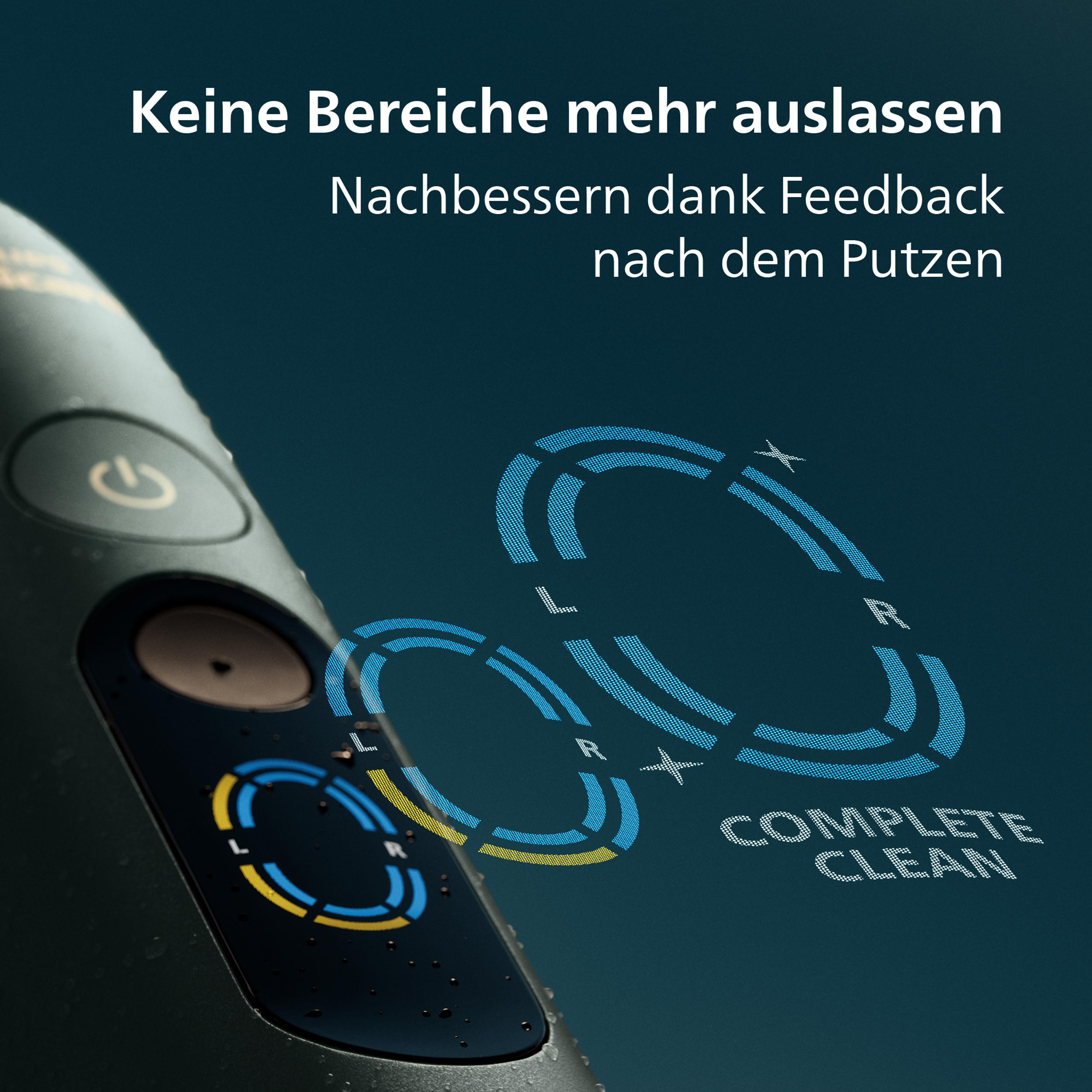 Nahaufnahme einer elektrischen Zahnbürste mit Power-Knopf und Digitalanzeige, die Reinigungszonen zeigt.