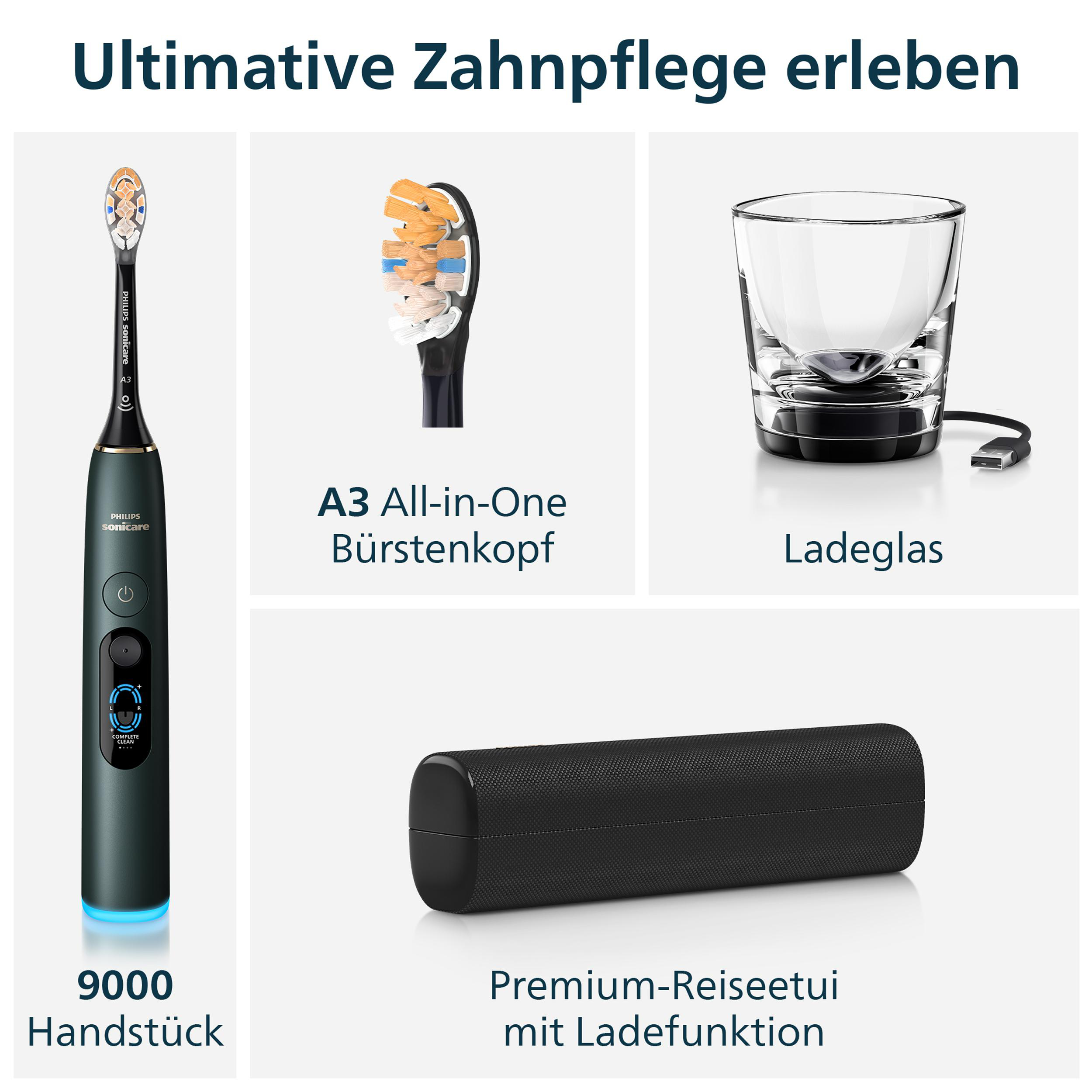 Ein Philips Sonicare Handstück, Bürstenkopf, Ladeglas und Reiseetui.