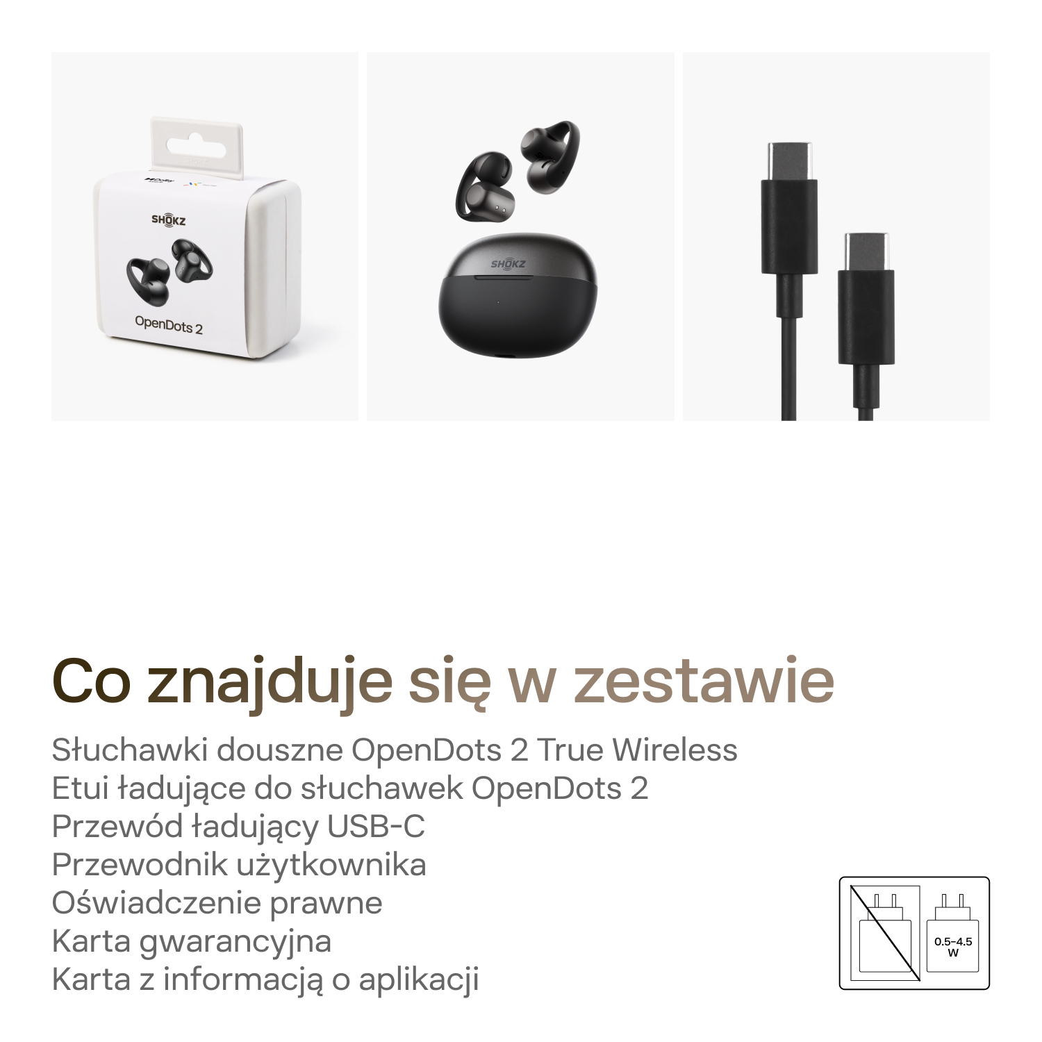 Zdjęcia produktu: opakowanie, słuchawki w etui ładującym, kabel USB-C. Tekst: Zawartość zestawu.