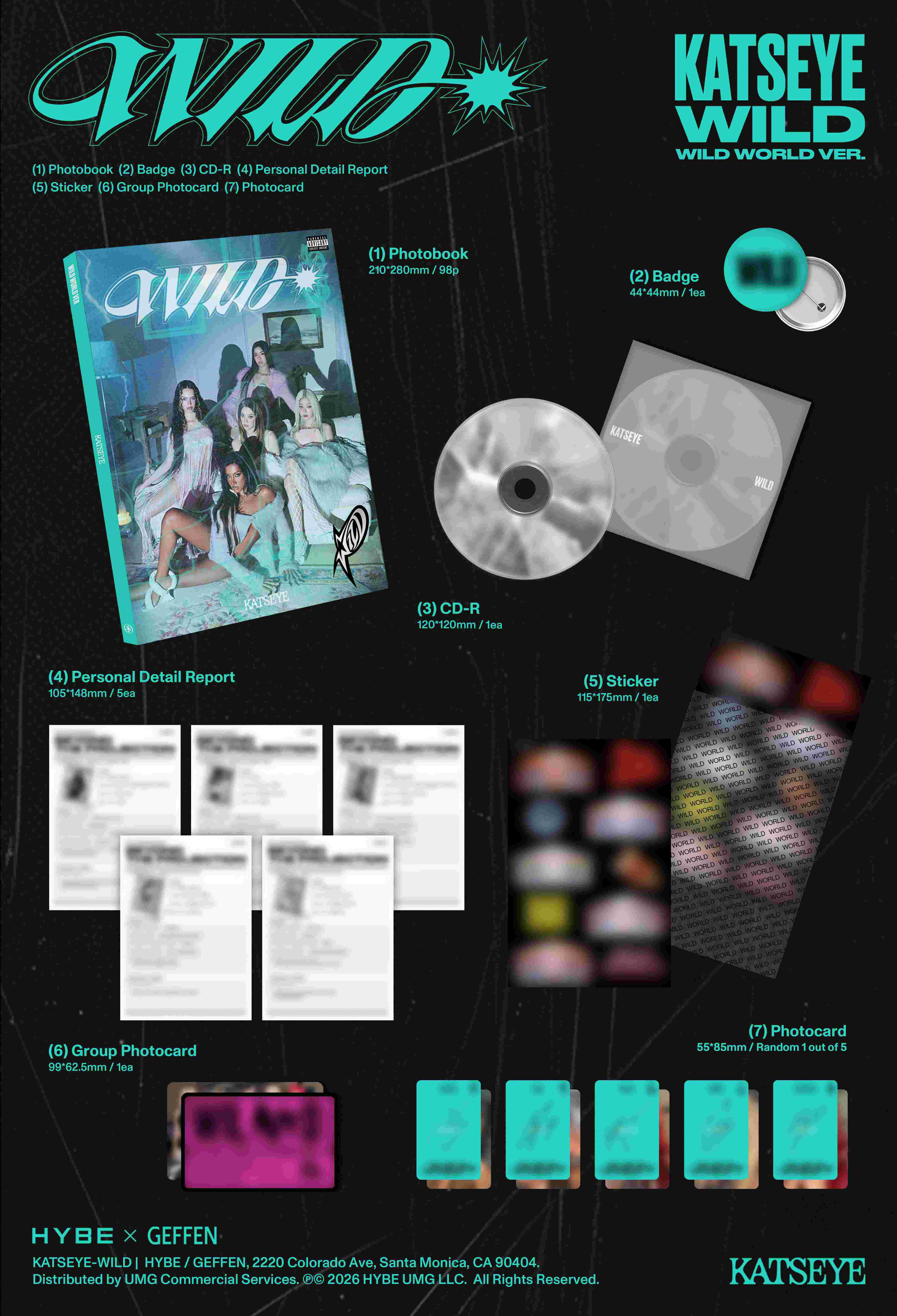 Album-Merchandise: Photobook, Badge, CD, Berichte, Sticker, Photocards.