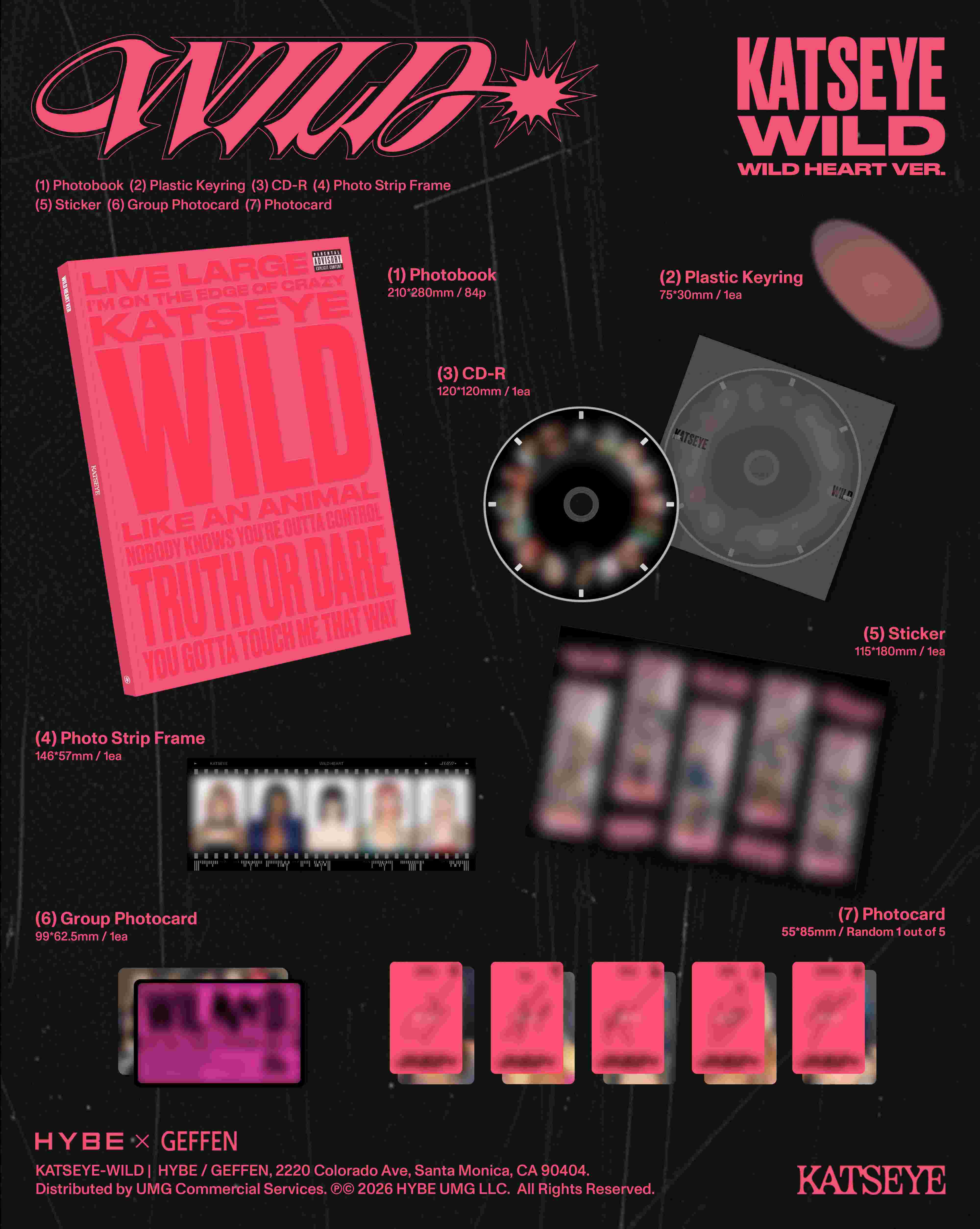K-Pop-Album-Inhalt: Fotobuch, CD, Schlüsselanhänger, Sticker, Fotokarten.