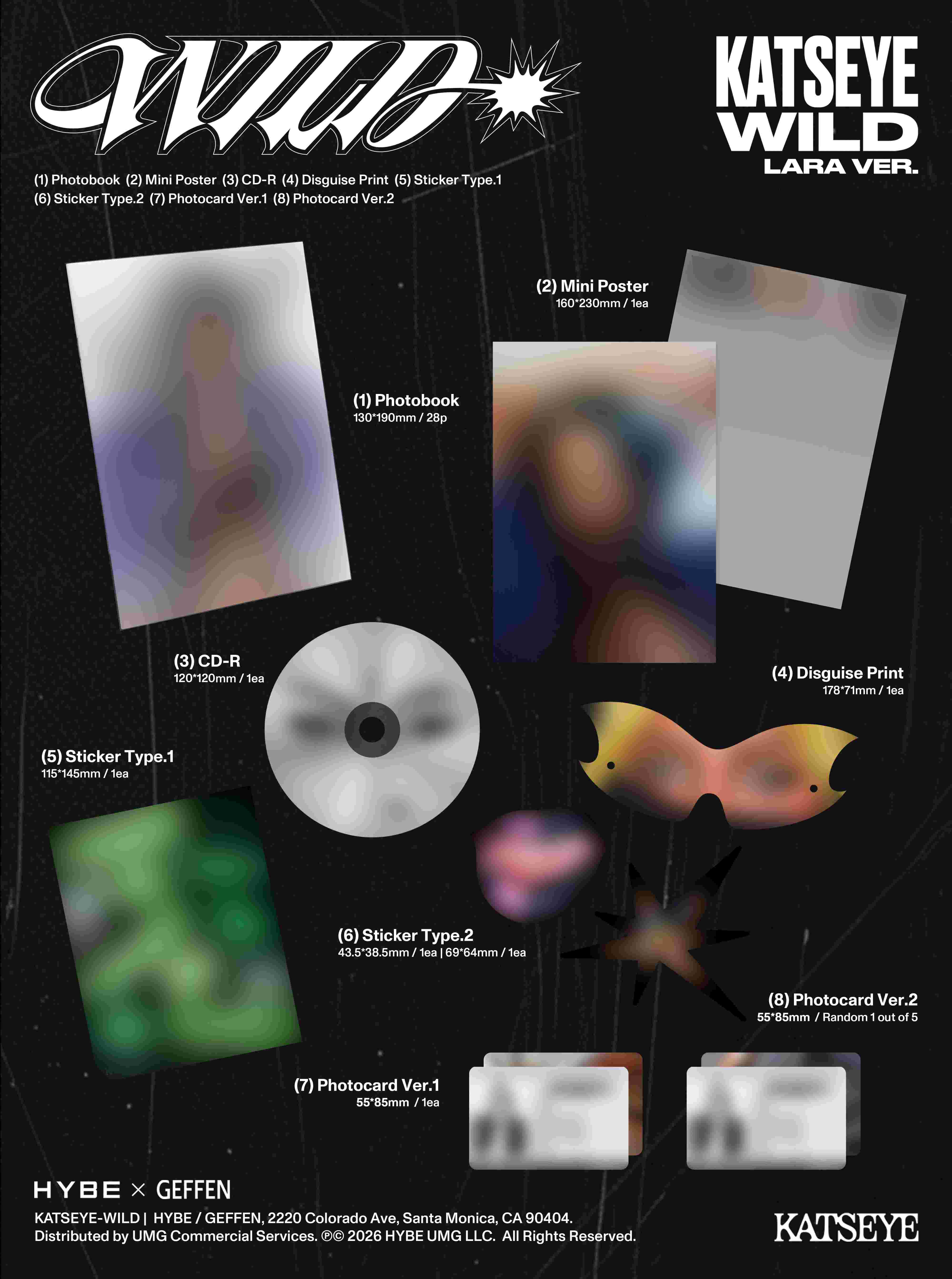 Künstlerisches Layout mit K-Pop-Album-Inhalt: Photobuch, Poster, CD, Sticker, Fotokarten.