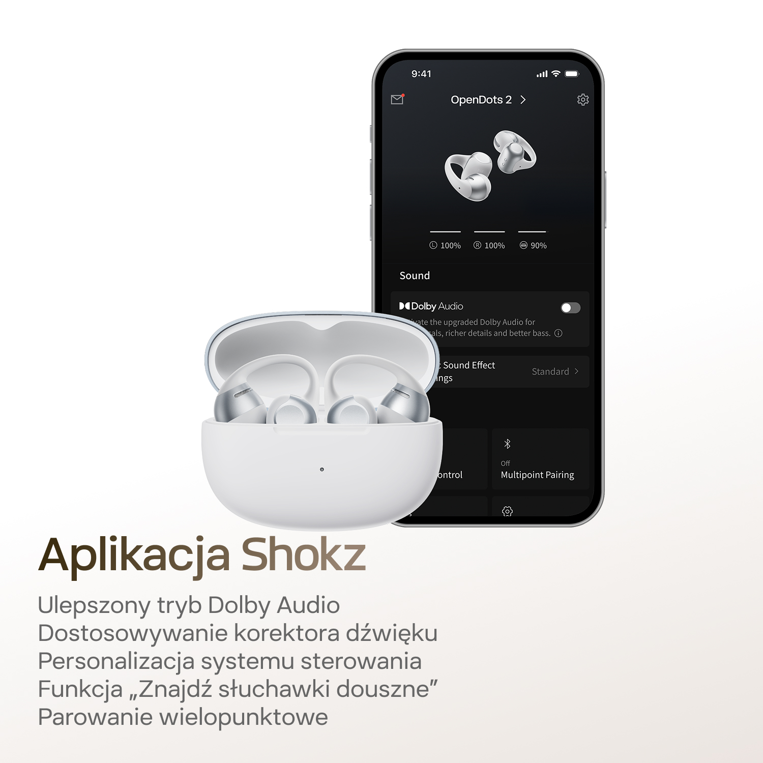 Białe etui ładujące ze słuchawkami i smartfon wyświetlający aplikację.