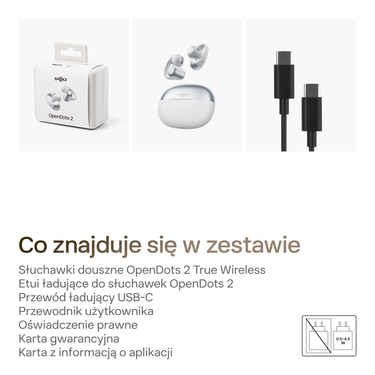 Białe opakowanie ze słuchawkami, etui ładującym, kablem USB-C, instrukcją i kartami gwarancyjnymi.