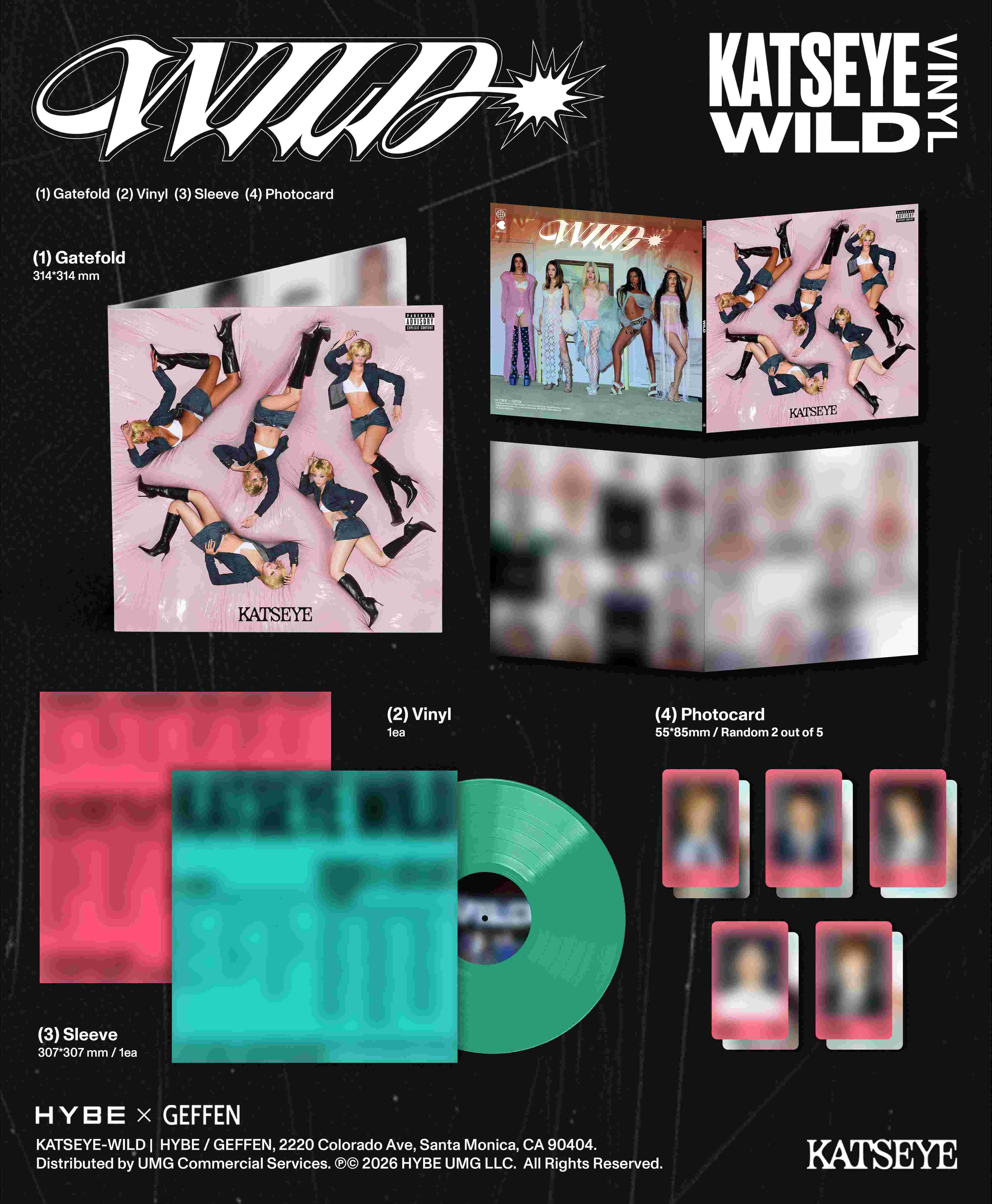 Album-Layout mit Vinyl, Hülle, Gatefold und Fotokarten.