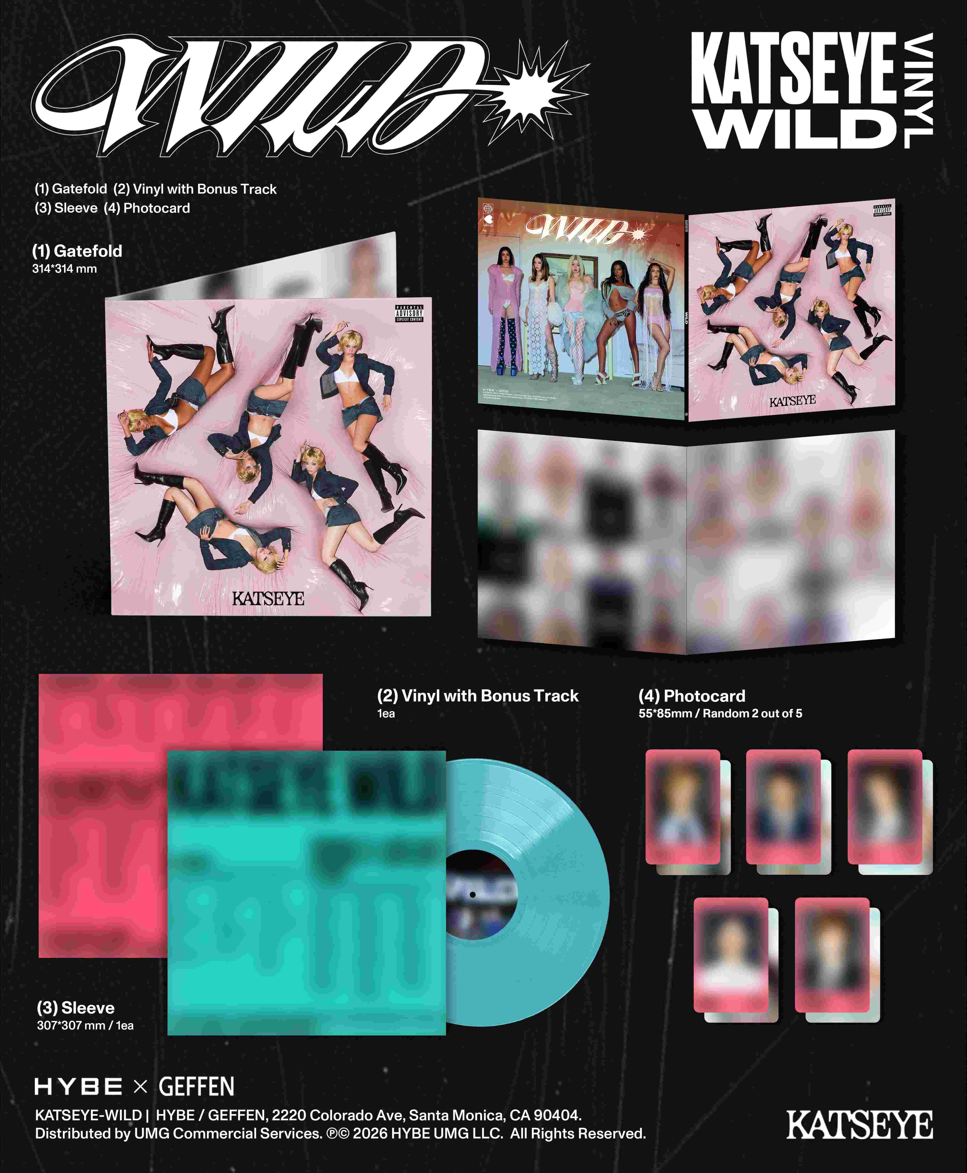 Album-Layout mit Vinyl, Hülle, Gatefold und Fotokarten.