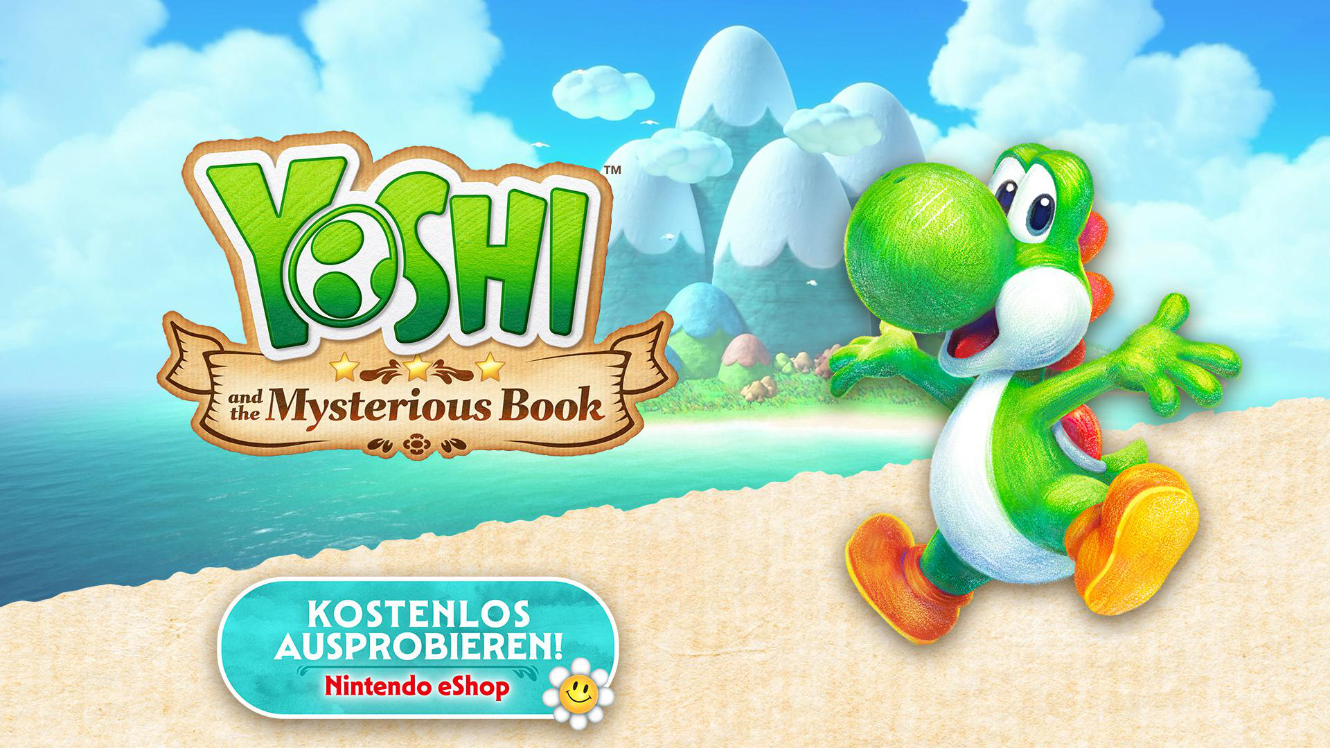 Yoshi und das Geheimnisvolle Buch, mit Yoshi rechts und Bergen im Hintergrund.
