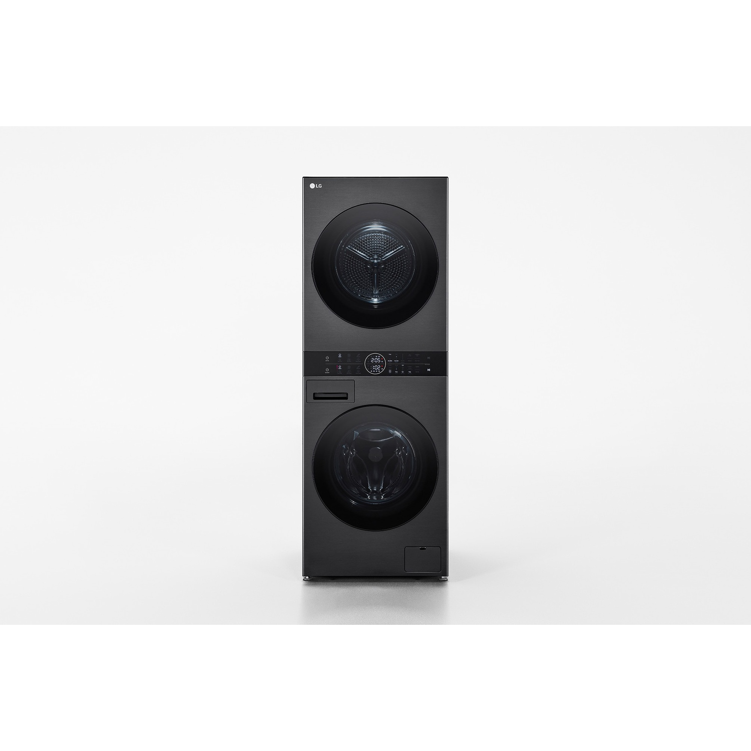 Un'unità lavatrice-asciugatrice LG nera impilata, con lavatrice e asciugatrice in un design sottile.