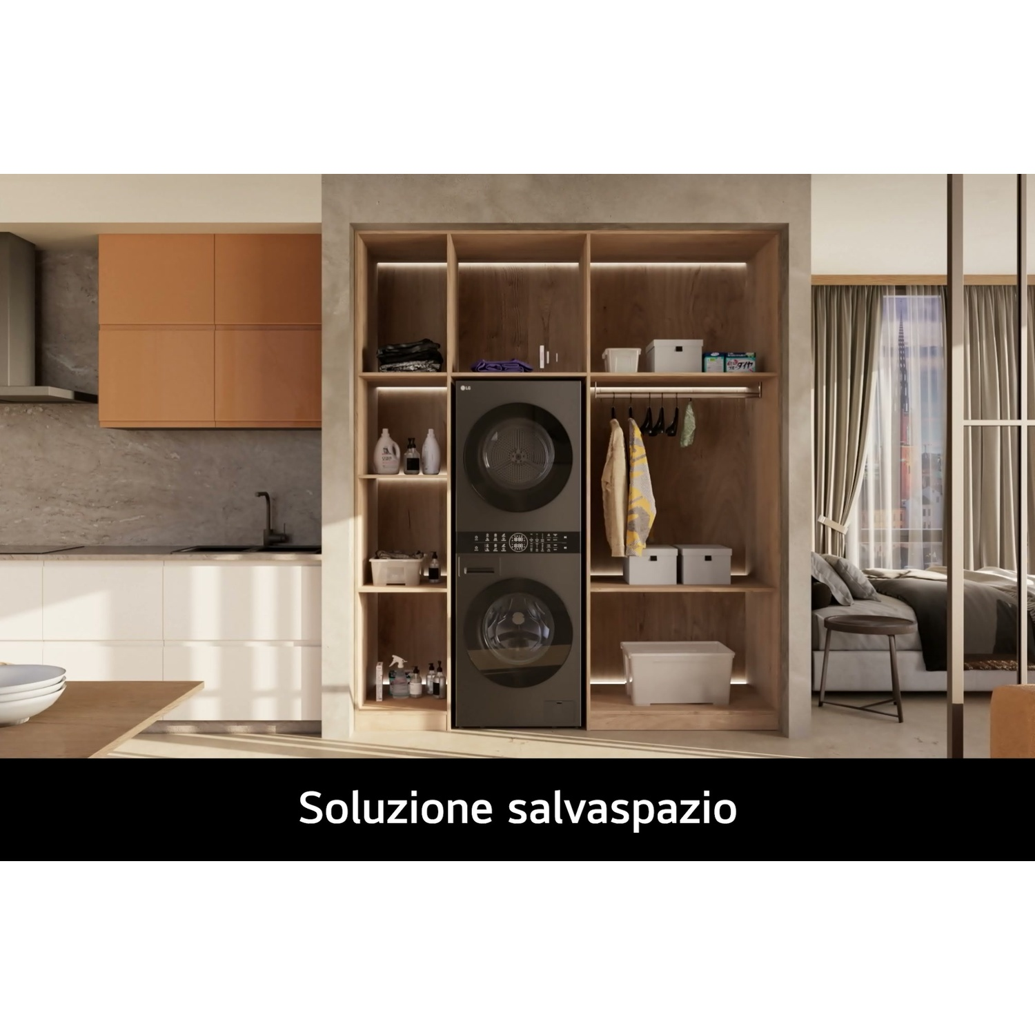 Lavanderia moderna con lavatrice, asciugatrice, armadi e vista su una camera da letto.