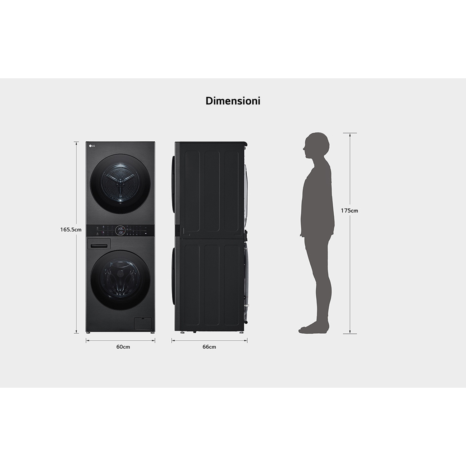 Dimensioni lavatrice e asciugatrice LG impilate (165,5cm A, 60cm L) accanto a persona alta 175cm.