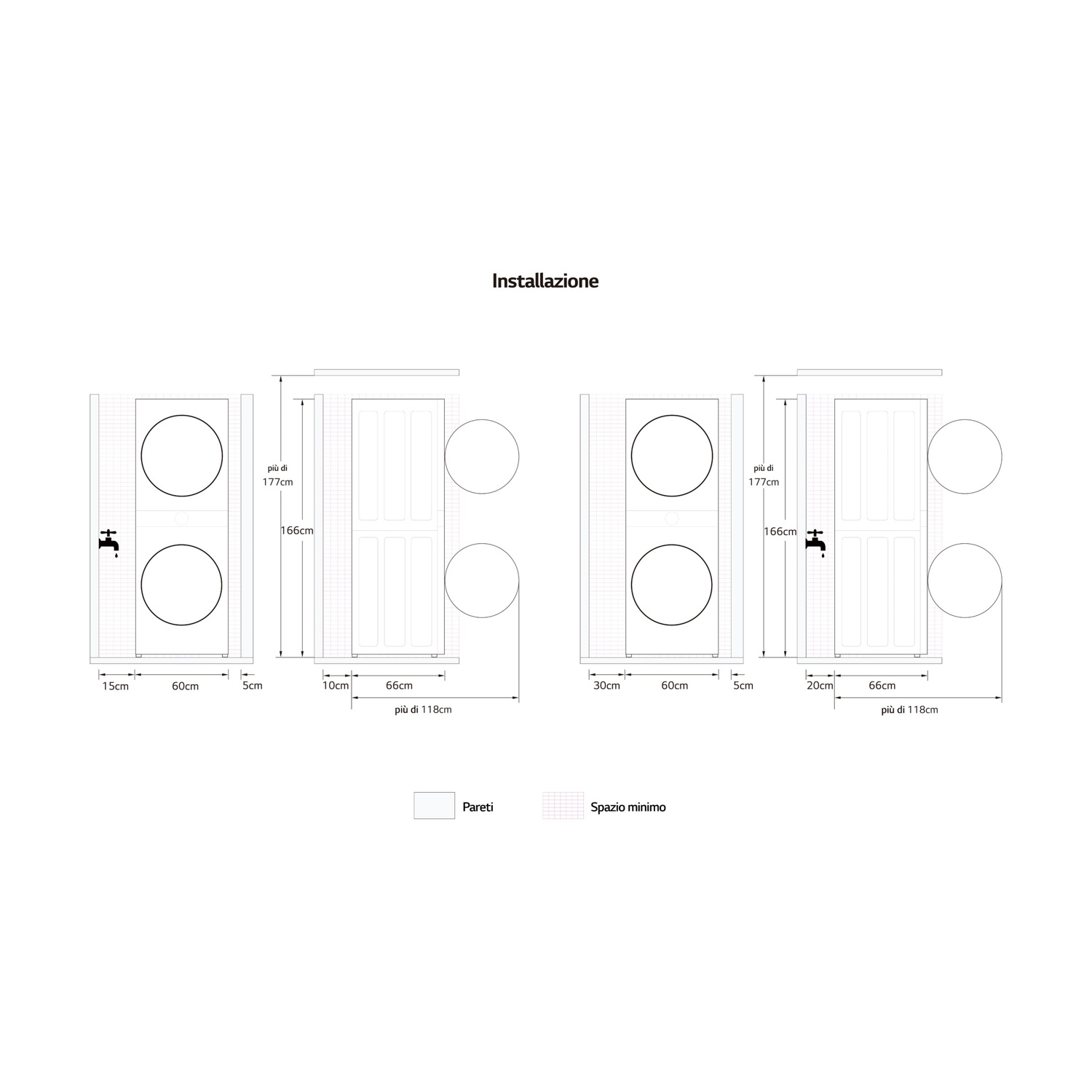 Diagramma installazione mostra due lavatrici con dimensioni e spazi.