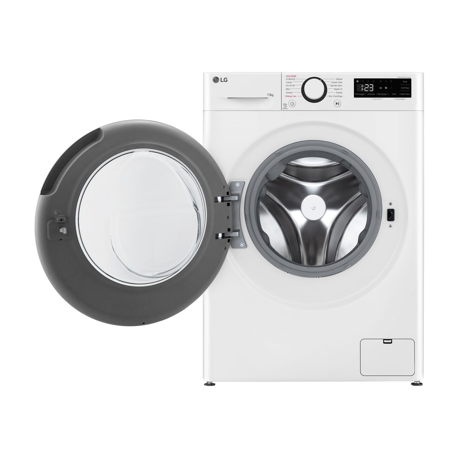 Lavatrice LG bianca con oblò aperto, capacità 13kg, pannello comandi con display.