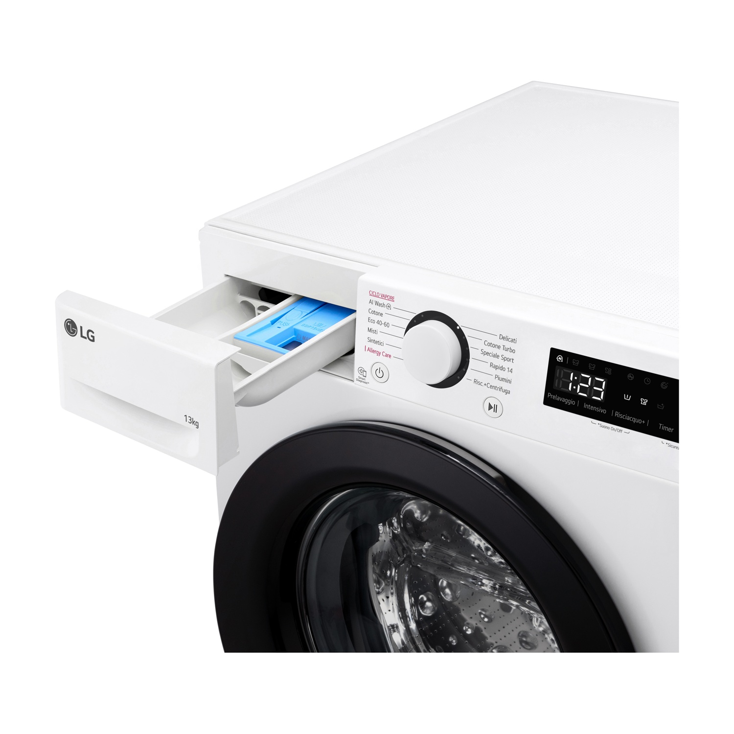 Una lavatrice LG bianca con cassetto detersivo aperto, capacità 13 kg.