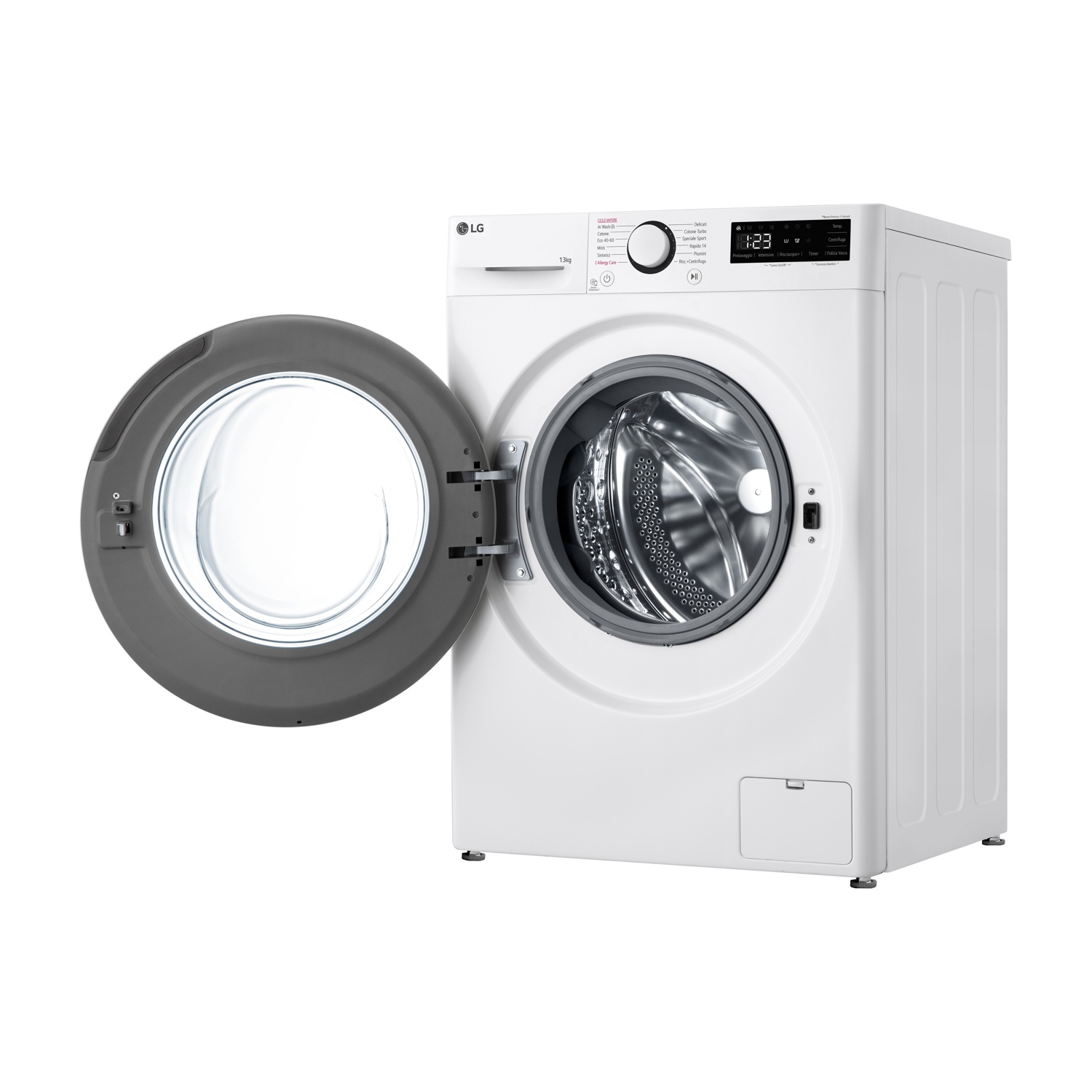 Lavatrice LG bianca con oblò aperto, capacità 13 kg, display digitale.