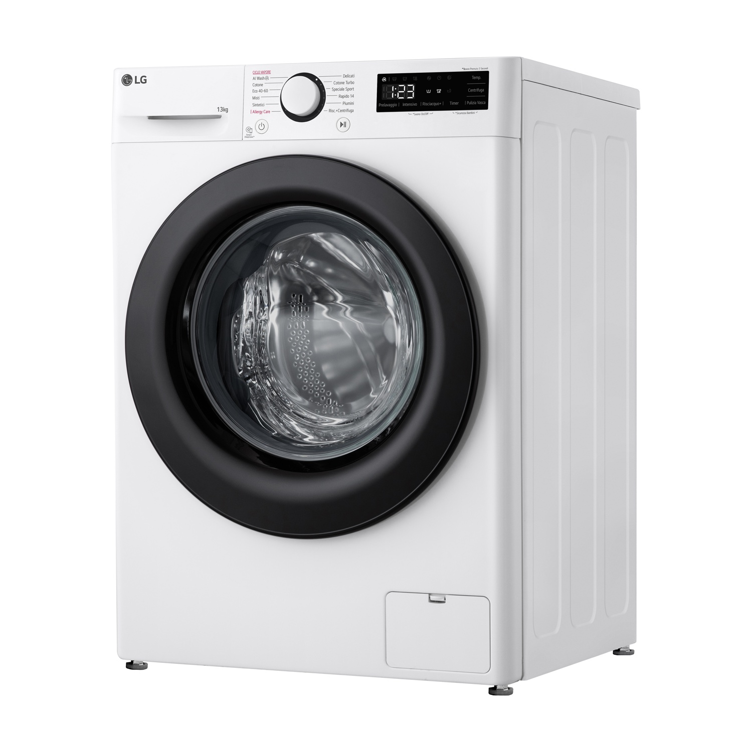 Lavatrice LG bianca con oblò nero e display digitale.