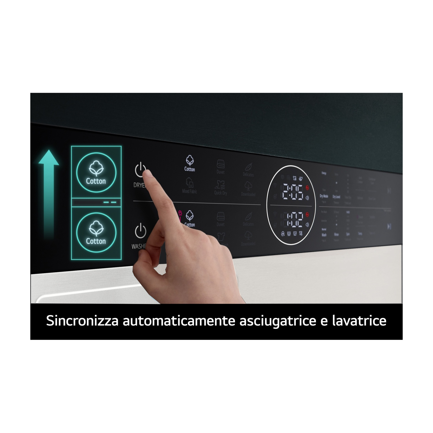 Una mano preme il pulsante di accensione su un pannello di controllo di lavatrice con opzioni.