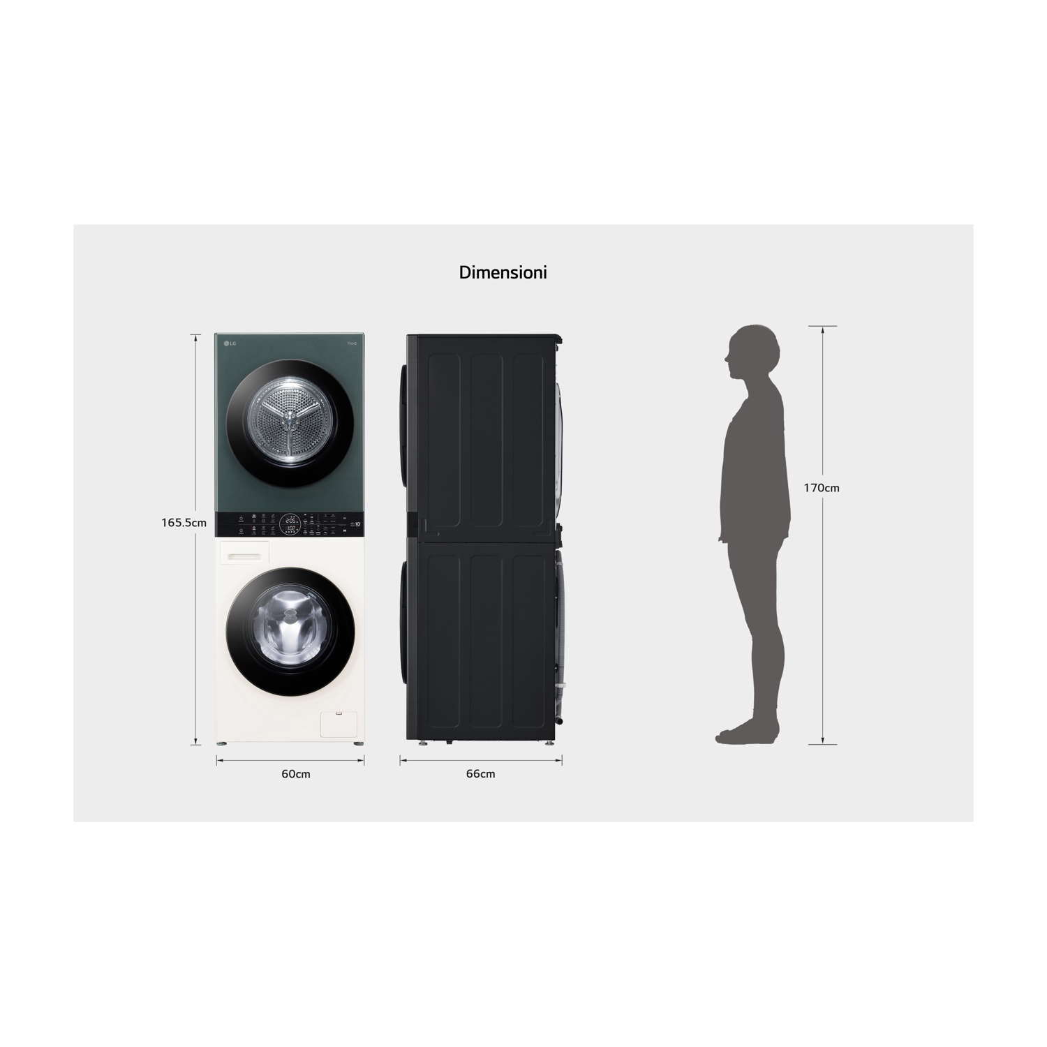 Confronto dimensioni: Lavatrice (165,5cm A, 60cm L), asciugatrice e persona di 170cm.