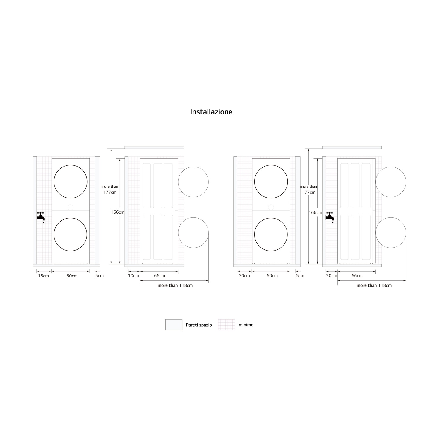 Piano di installazione con dimensioni per due lavatrici e porte.