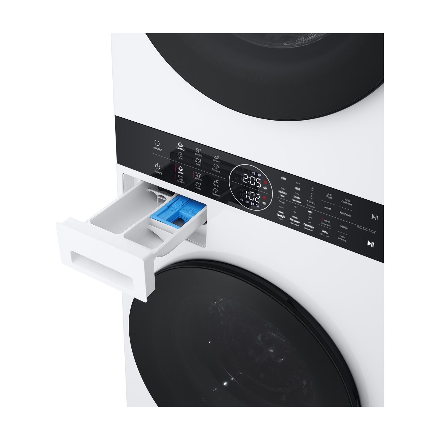 Cassetto detersivo lavatrice con pannello di controllo e display digitale.