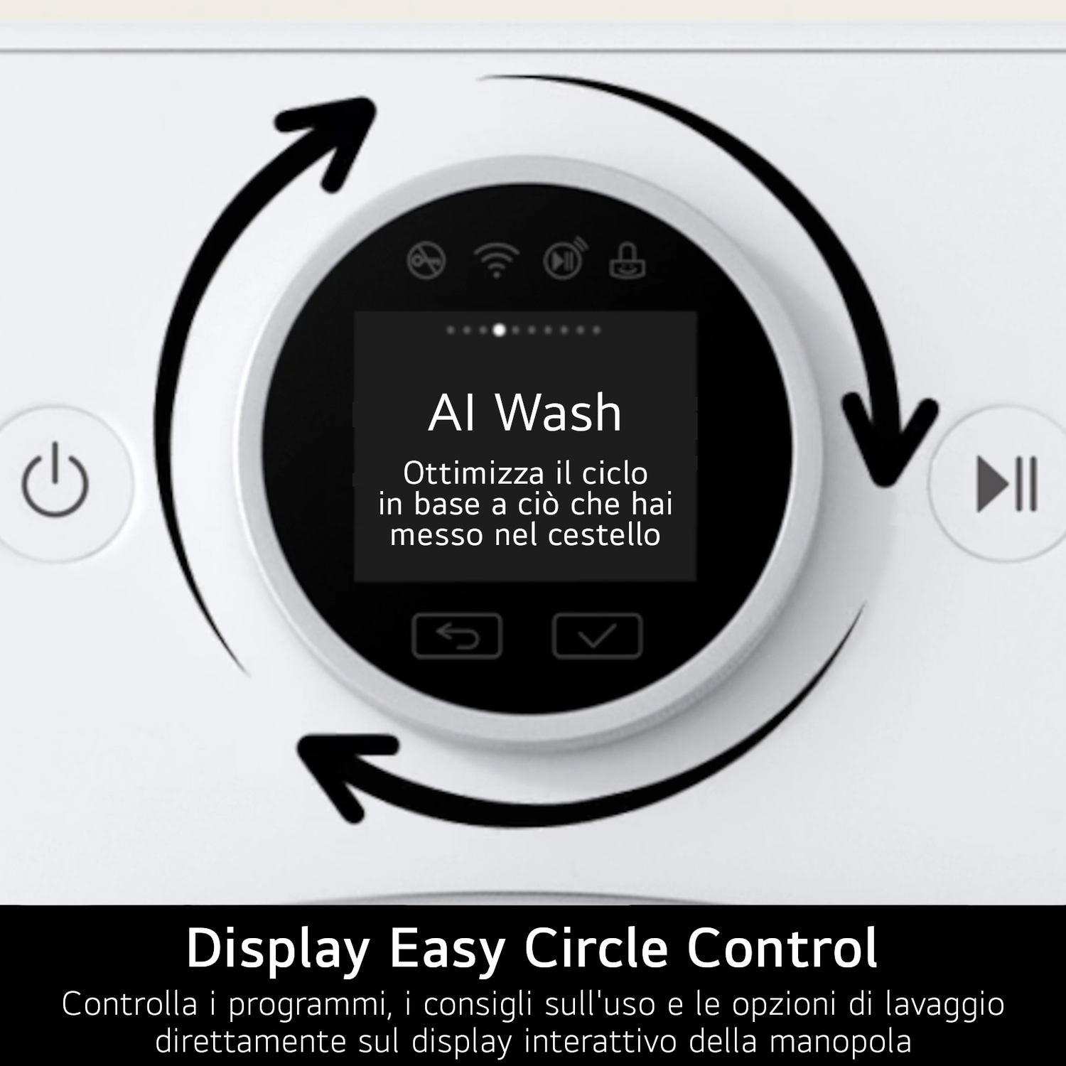Un moderno display di lavatrice con funzione AI Wash e controllo cerchio facile.