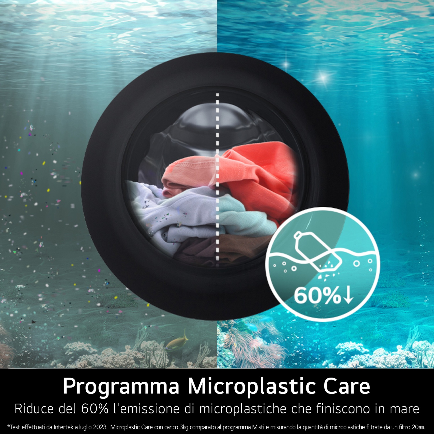 Oblò lavatrice con panni, diviso in due scene sottomarine. 60% in meno microplastiche.