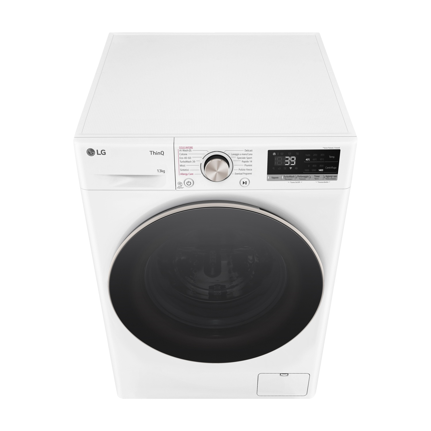 Una lavatrice LG bianca con display digitale e manopola argento.