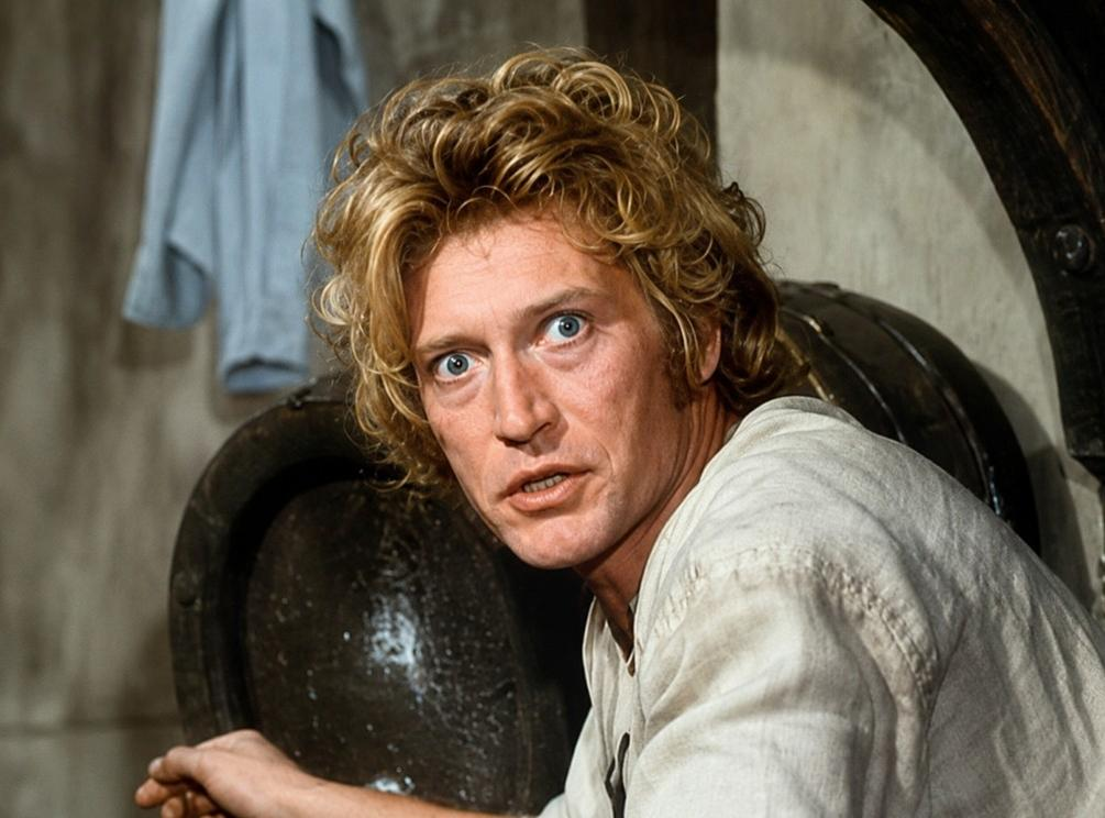 Ein Mann mit blonden Locken und blauen Augen blickt besorgt neben einem großen Fass.