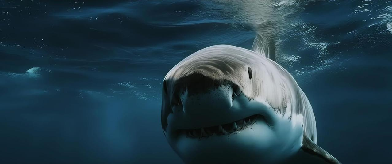 Ein Weißer Hai schwimmt unter der Wasseroberfläche in tiefem blauem Wasser.