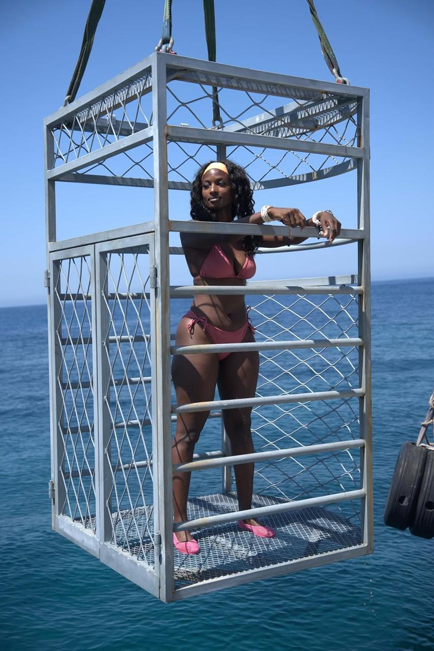Frau in rosa Bikini und gelbem Haarband in Käfig über dem Meer.