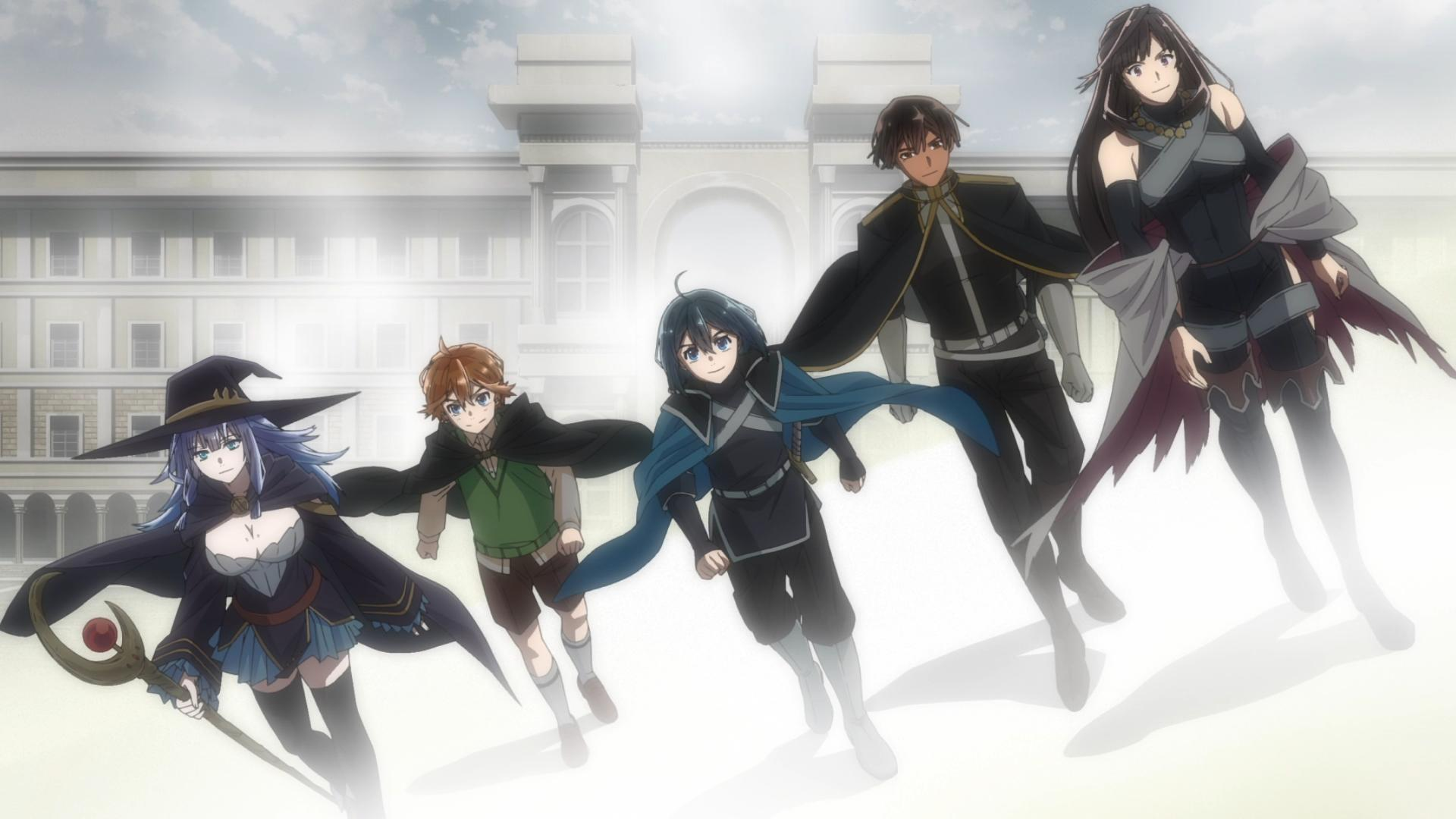 Fünf Anime-Charaktere laufen nach vorne, eine mit Hexenhut und Stab, vor einem Gebäude.