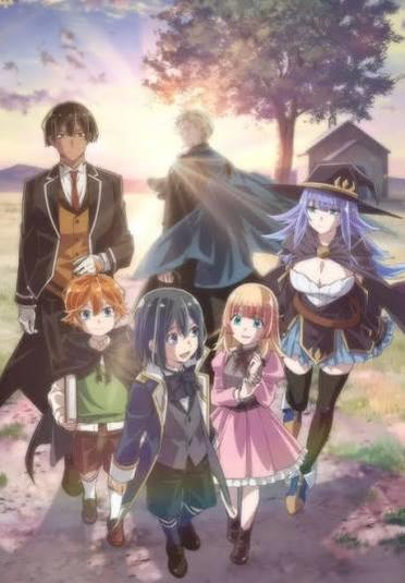 Anime-Charaktere: Mann in Anzug, Kinder und Hexe im Freien bei Sonnenuntergang.