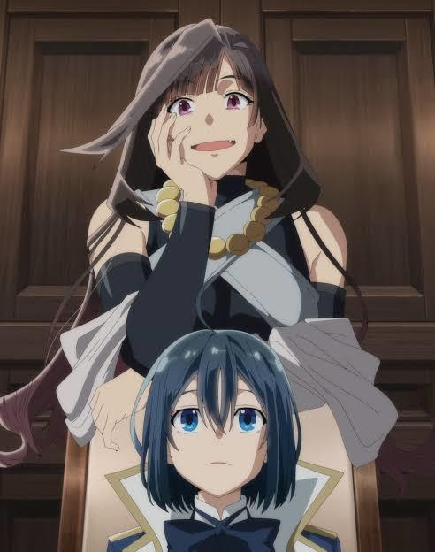 Zwei Anime-Figuren: Eine Frau mit dunklen Haaren und eine jüngere Figur mit blauen Haaren.