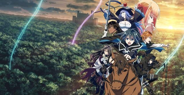 Eine Gruppe von Anime-Charakteren auf einem Feld mit einem Schloss im Hintergrund.